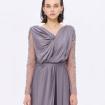 Bust Draped Long Embroidered Fabric Sleeve Evening Dress - 2065