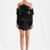 Flower Detailed Velvet Mini Evening Dress - 26017C