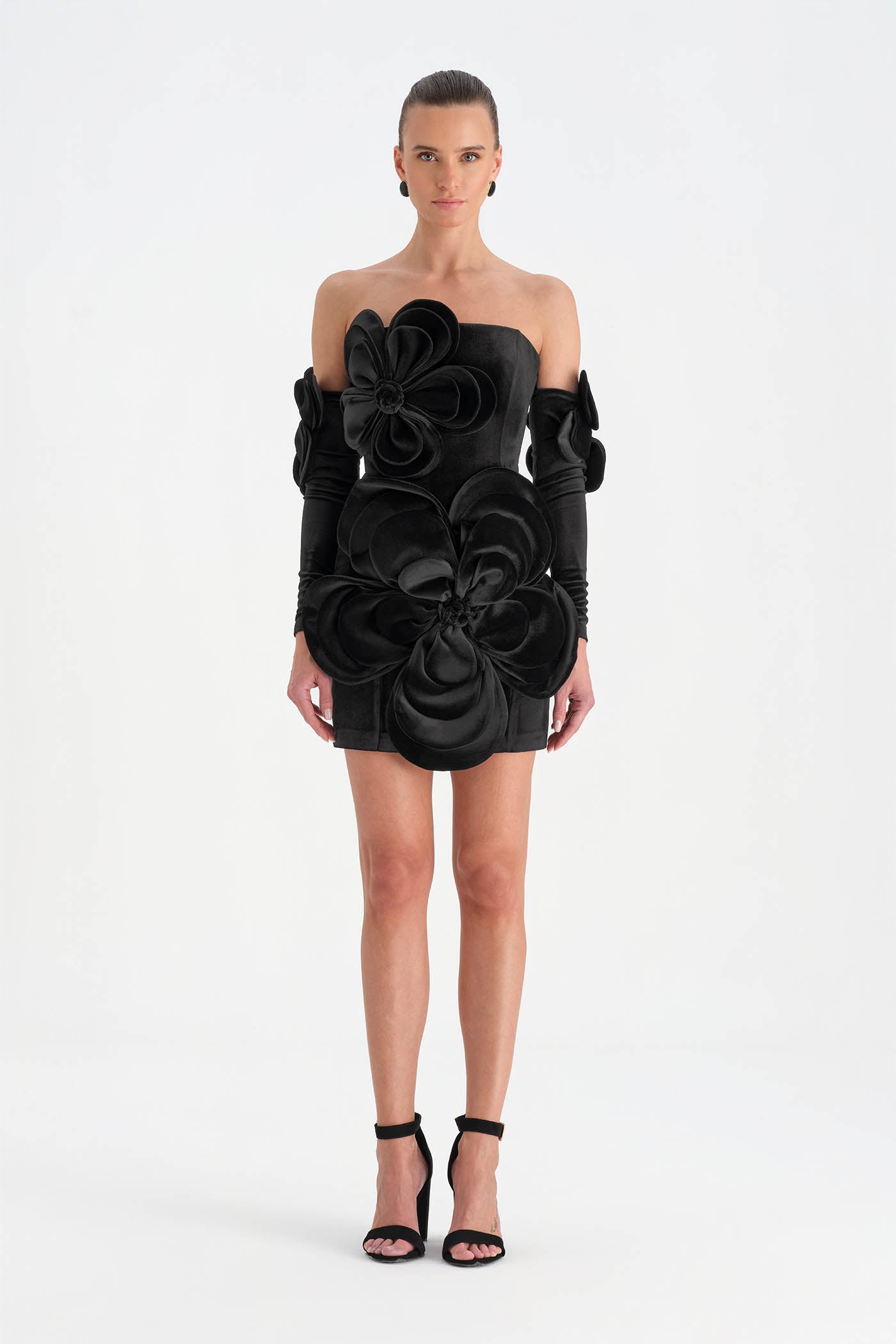 Flower Detailed Velvet Mini Evening Dress - 26017C
