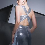 Sırt Dekolte Detaylı Payet Uzun Abiye Elbise - 9201C