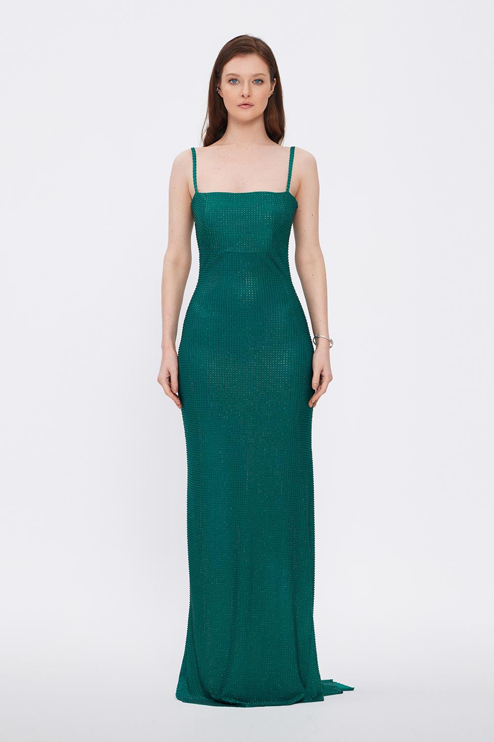 Sleeveless Straped Long Evening Dress - 7014C - GREEN