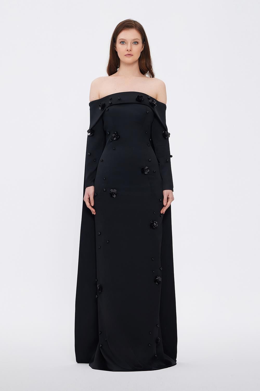 Boat Neck Accessory Detailed Long Evening Dress - 01026C