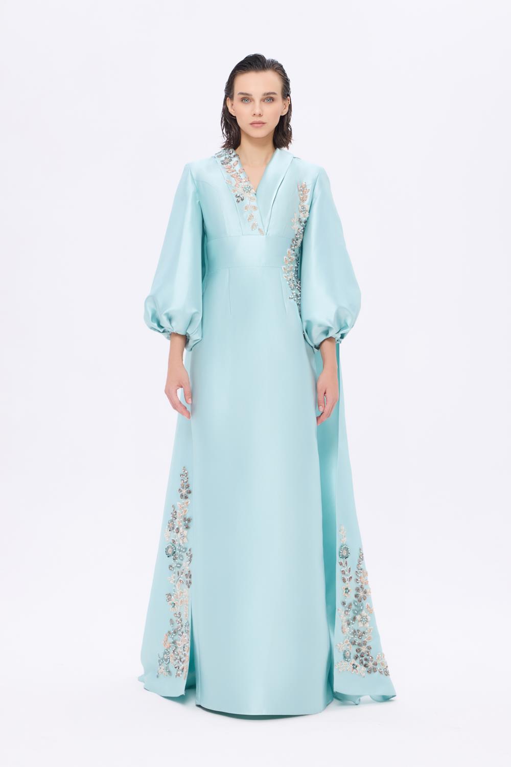 Balloon Sleeve Embroidered Ziberlin Long Evening Dress - AP0014 - İNDİGO