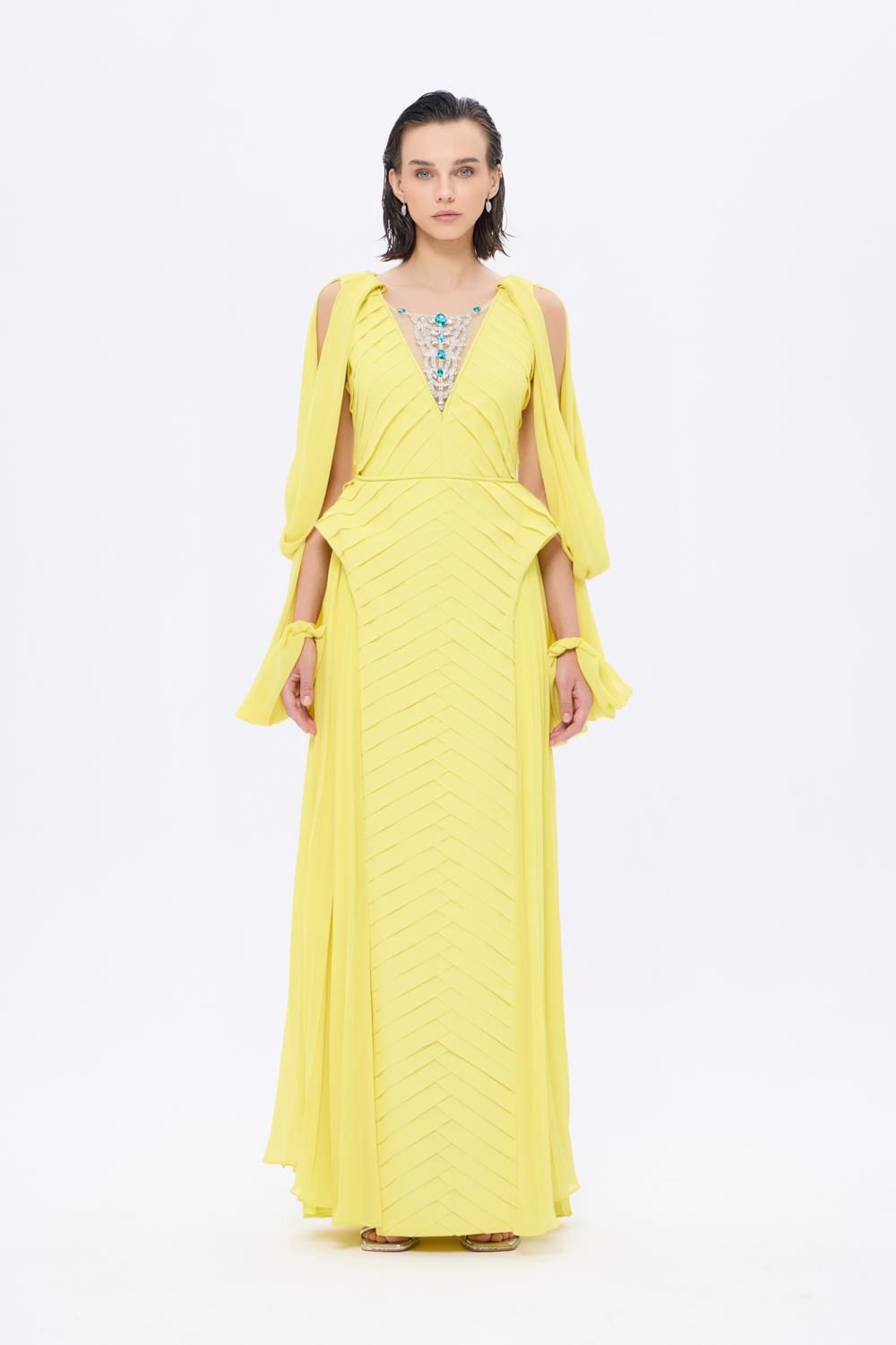 Taş İşleme ve Kol Detaylı Şifon Uzun Abiye Elbise - AP0016 - LİLA