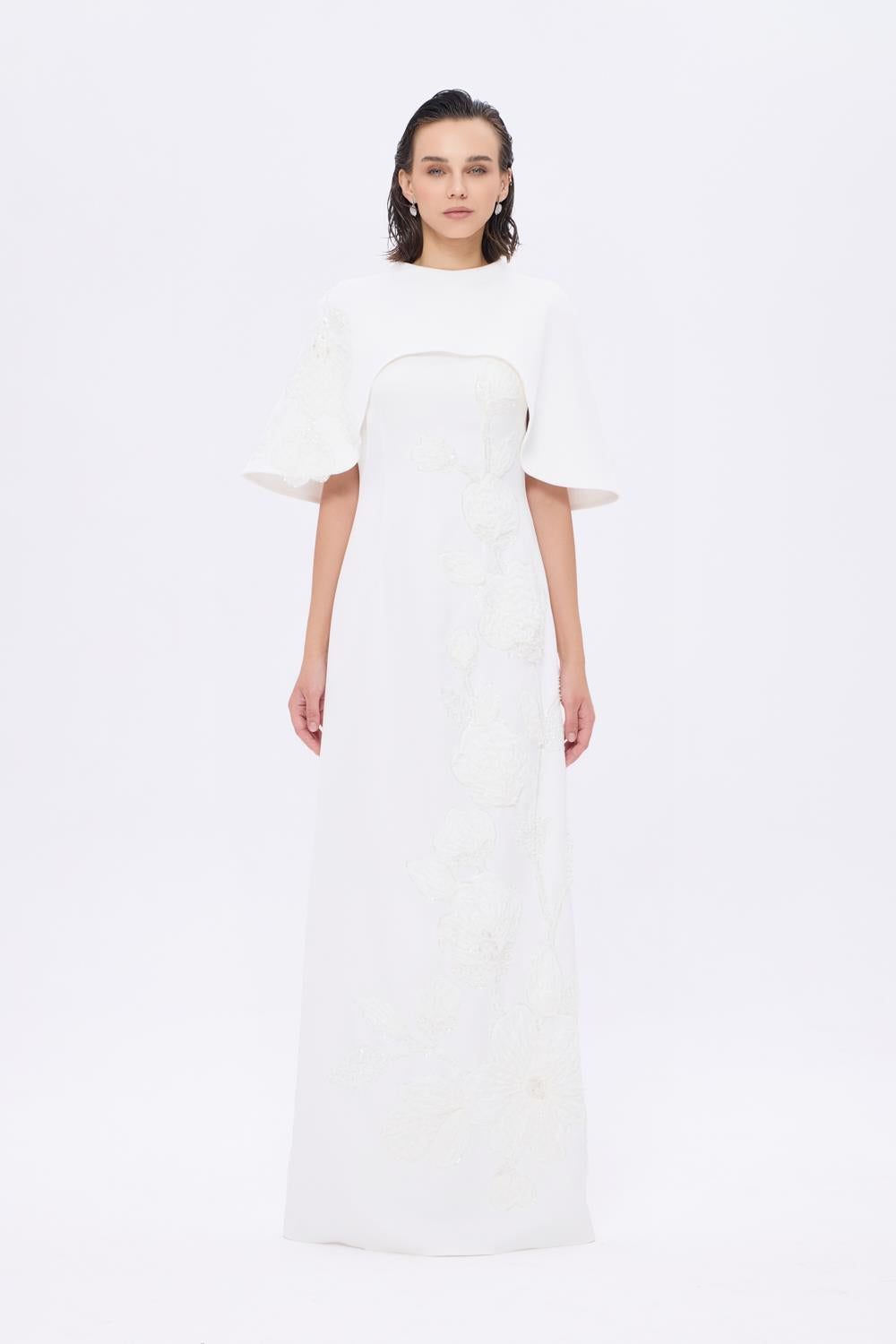 Çiçek İşleme Detaylı Uzun Abiye Elbise - AP0024 - BEYAZ