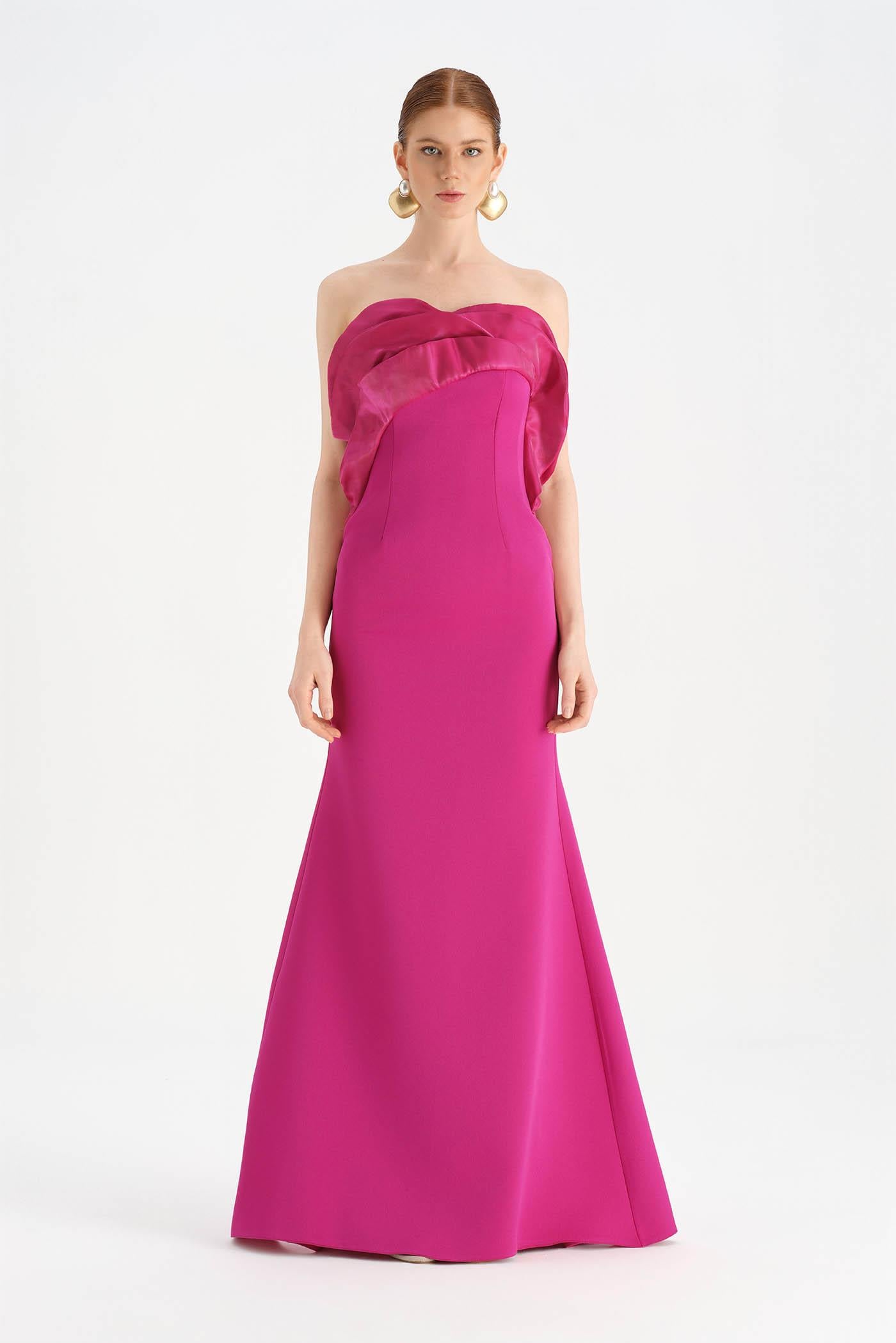 Fishtail Strapless Neckline Evening Dress with Bust Detail - 26102C