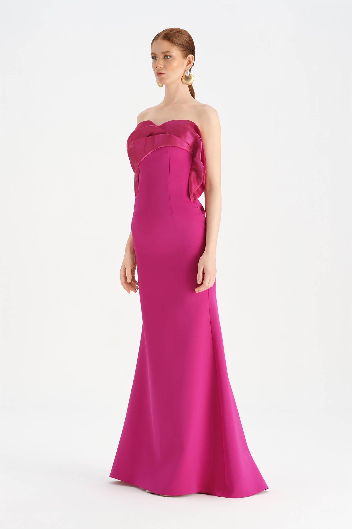 Fishtail Strapless Neckline Evening Dress with Bust Detail - 26102C