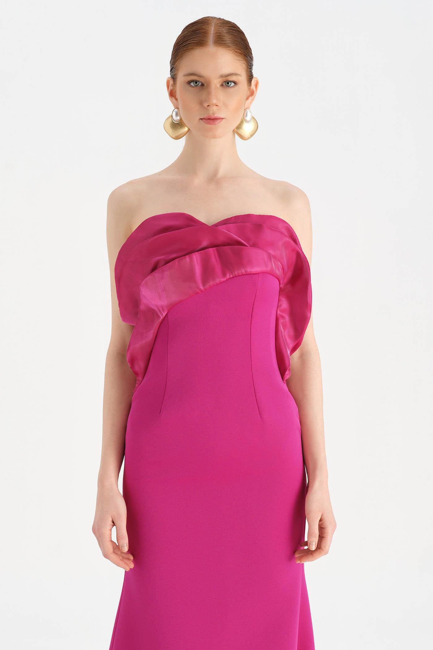 Fishtail Strapless Neckline Evening Dress with Bust Detail - 26102C