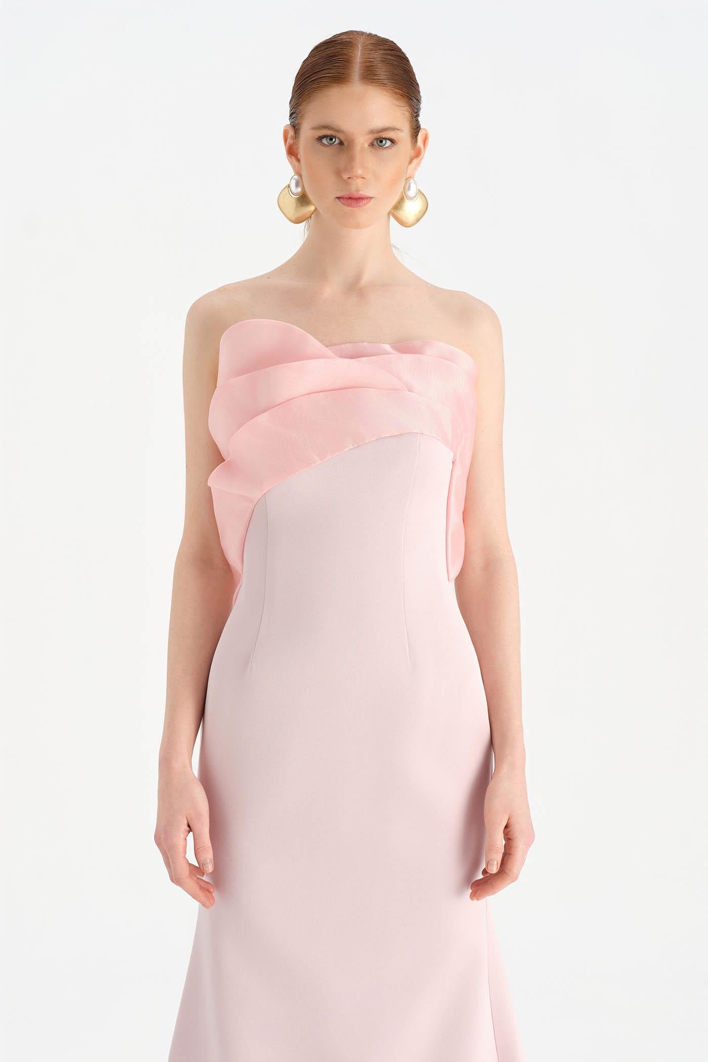 Fishtail Strapless Neckline Evening Dress with Bust Detail - 26102C