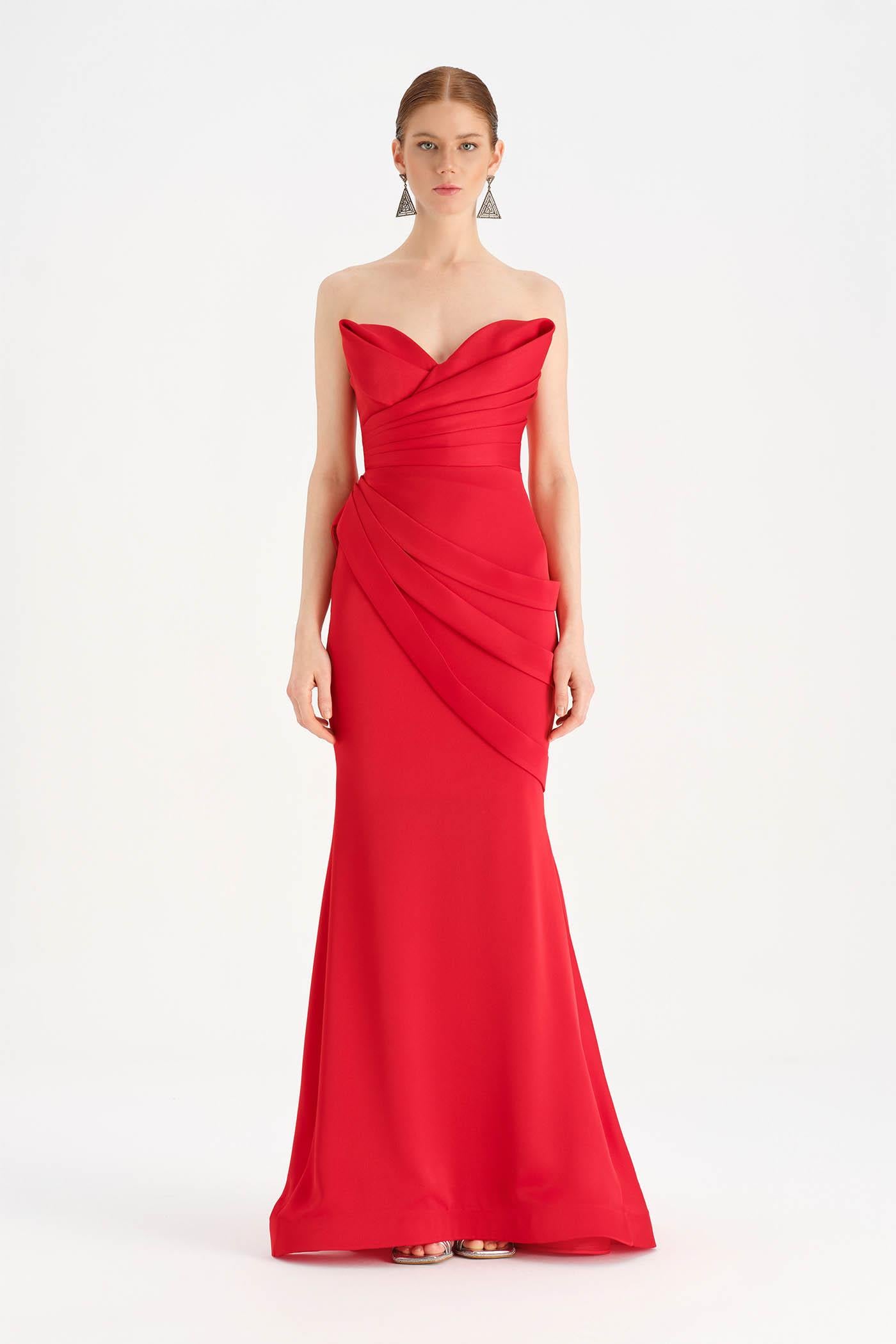 Band Detailed Draped Fish Evening Dress - 26021C