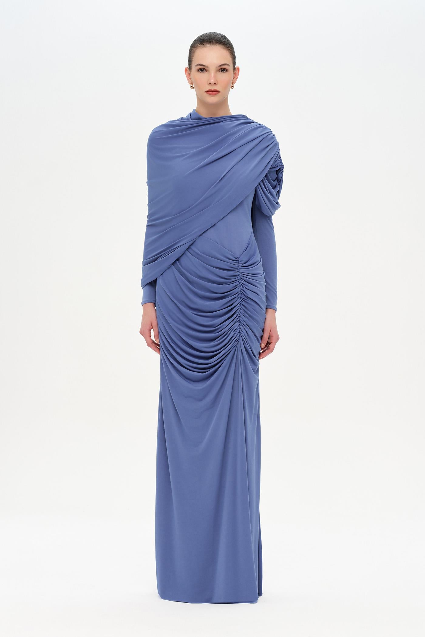 Bel Detaylı Çapraz Kol Drape Tasarımlı Abiye Elbise - 26192C