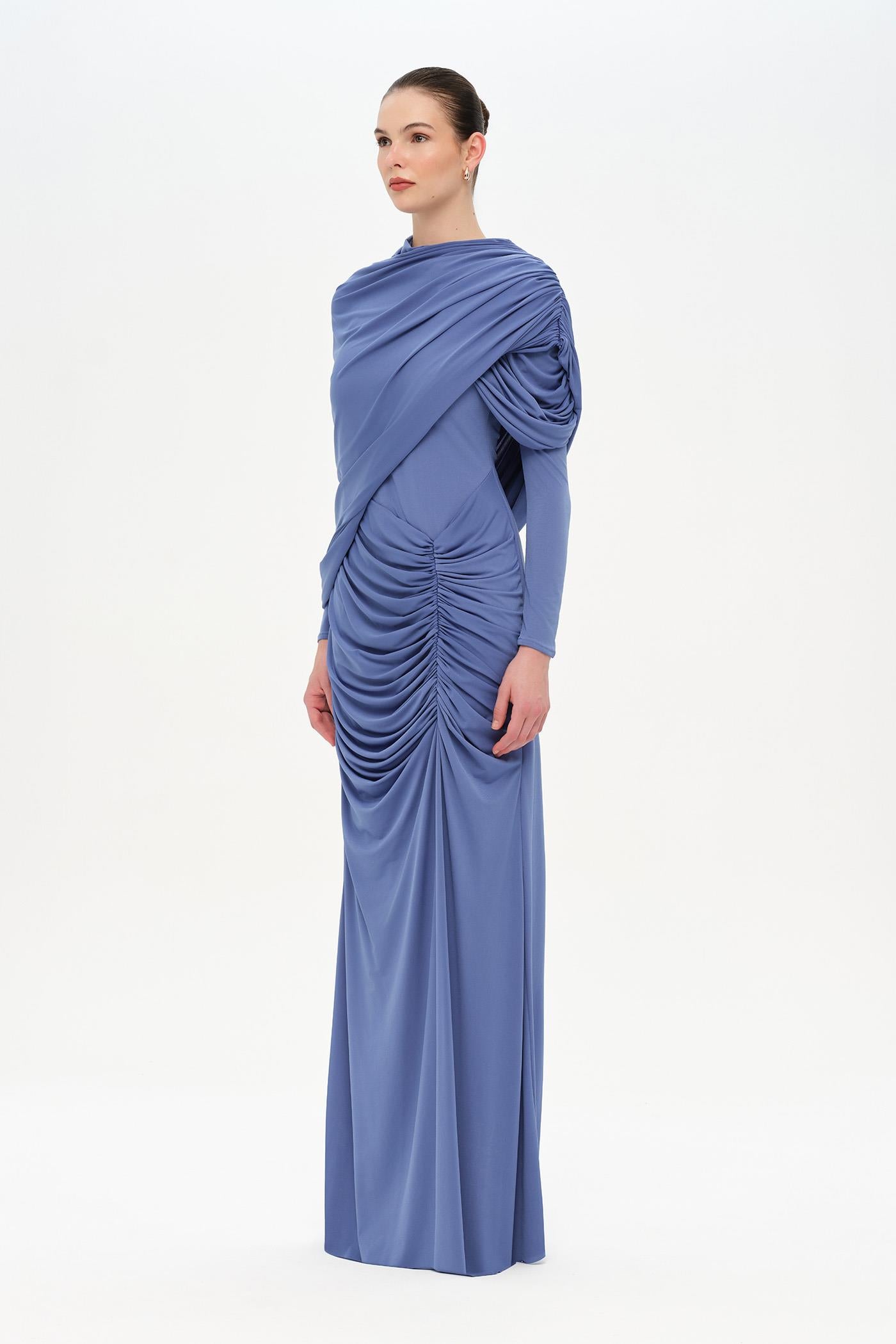 Bel Detaylı Çapraz Kol Drape Tasarımlı Abiye Elbise - 26192C