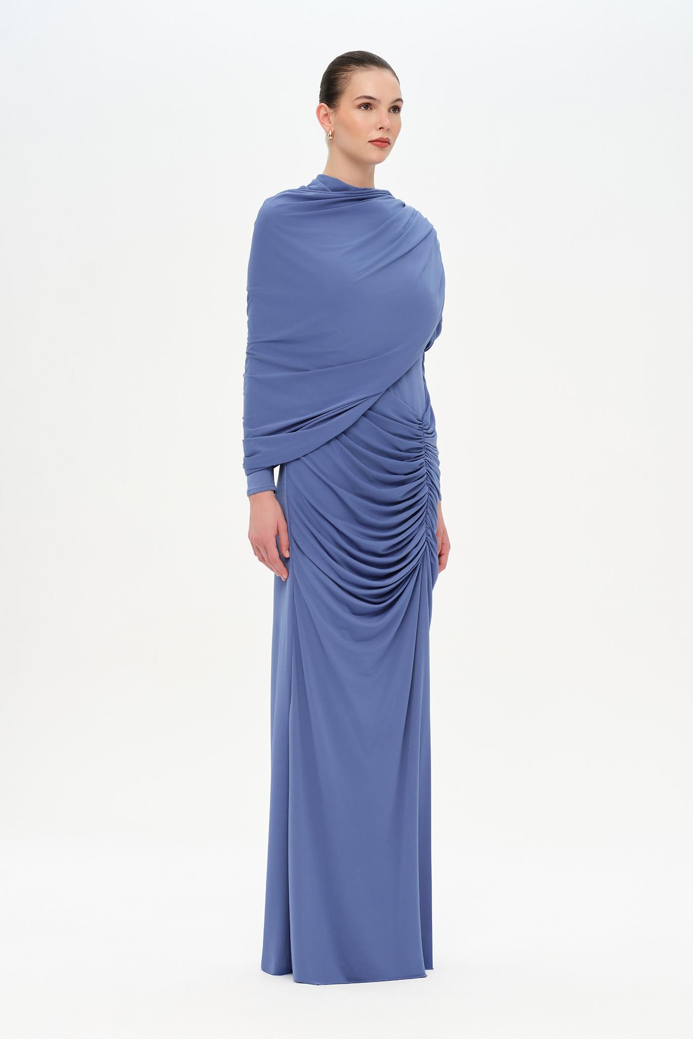 Bel Detaylı Çapraz Kol Drape Tasarımlı Abiye Elbise - 26192C