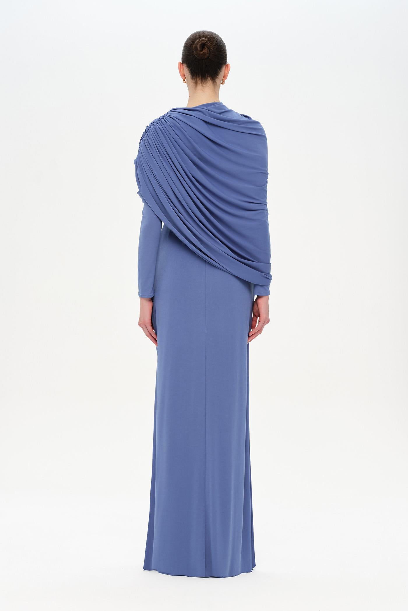 Bel Detaylı Çapraz Kol Drape Tasarımlı Abiye Elbise - 26192C