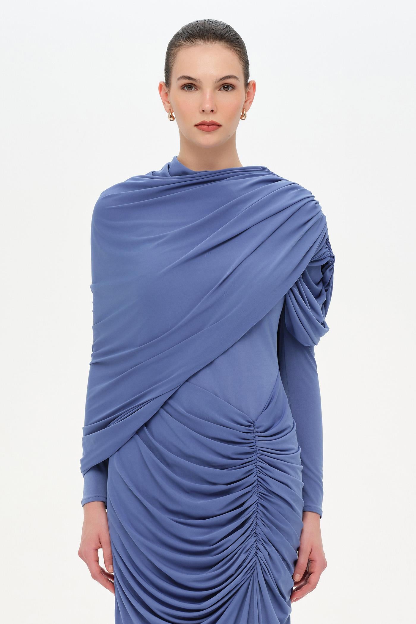 Bel Detaylı Çapraz Kol Drape Tasarımlı Abiye Elbise - 26192C