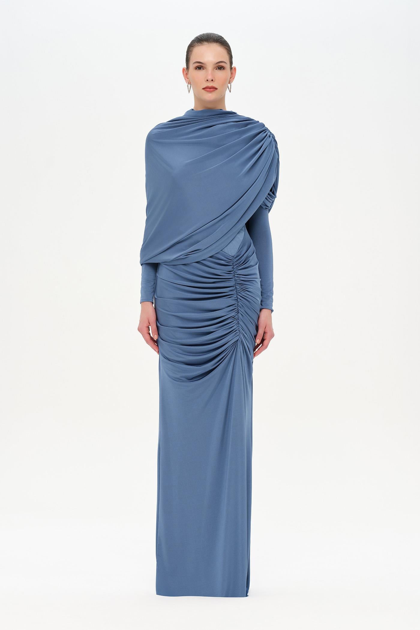 Bel Detaylı Çapraz Kol Drape Tasarımlı Abiye Elbise - 26192C