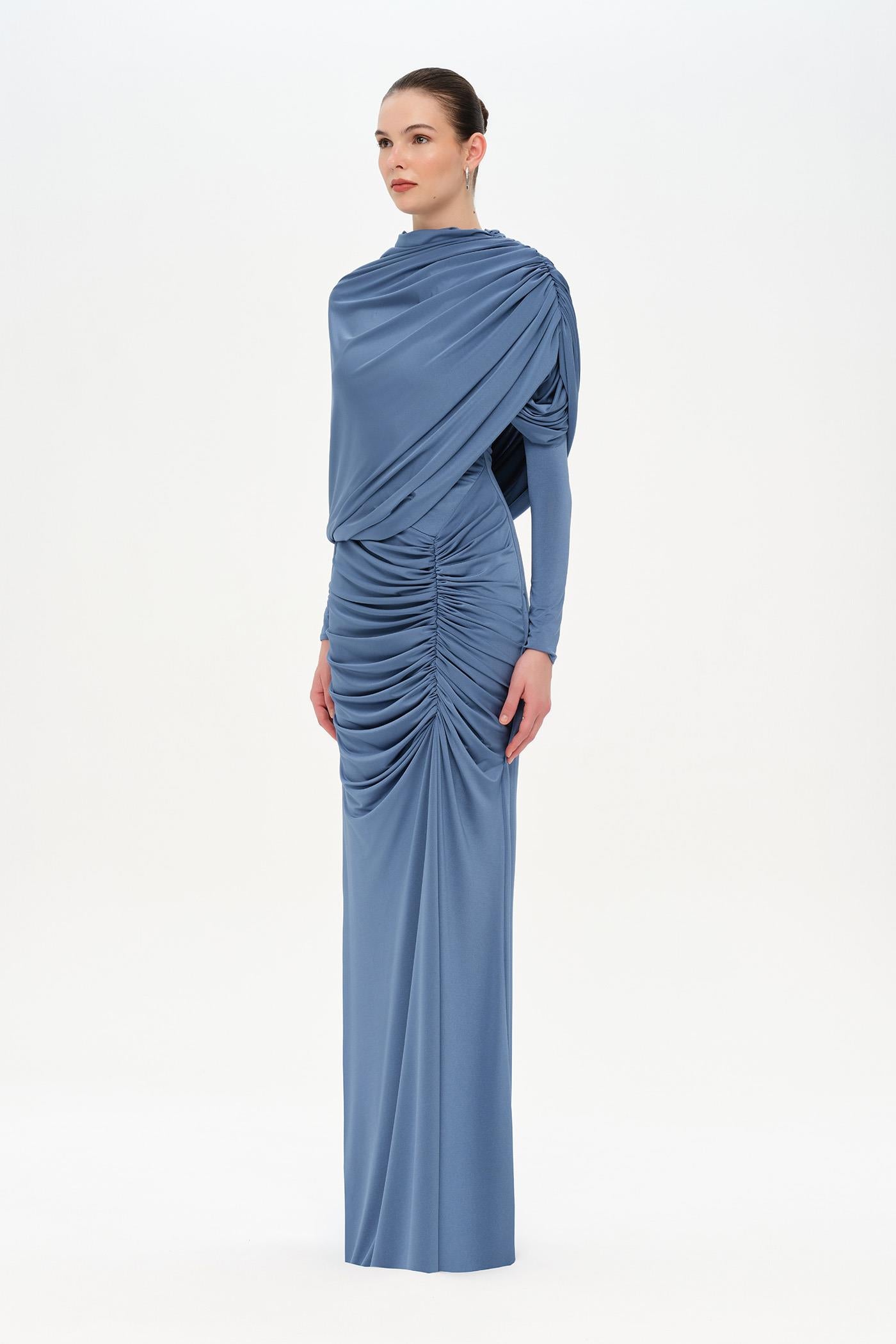 Bel Detaylı Çapraz Kol Drape Tasarımlı Abiye Elbise - 26192C