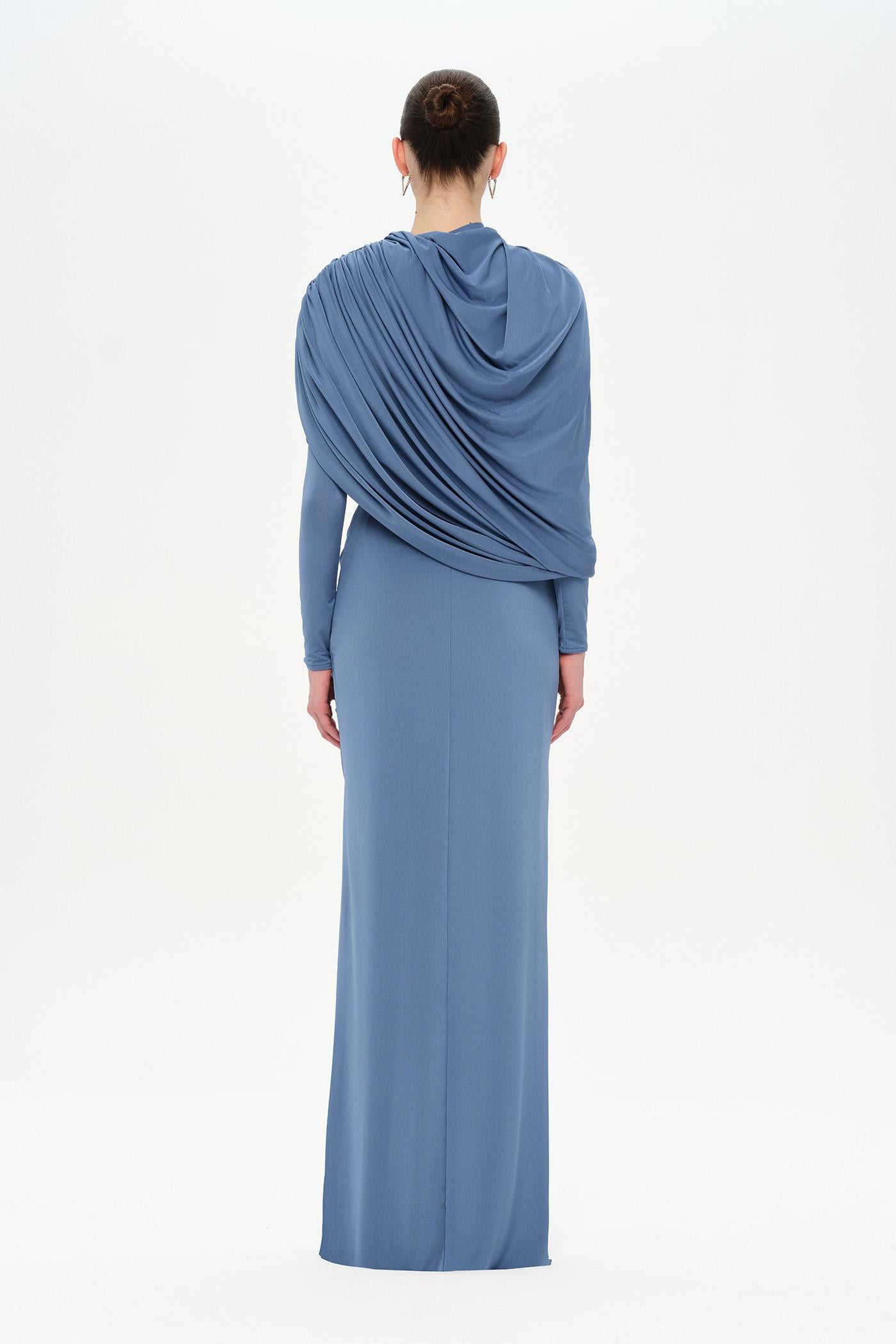 Bel Detaylı Çapraz Kol Drape Tasarımlı Abiye Elbise - 26192C