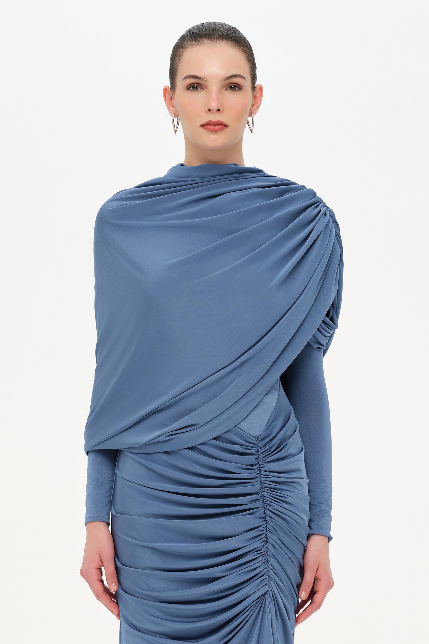 Bel Detaylı Çapraz Kol Drape Tasarımlı Abiye Elbise - 26192C