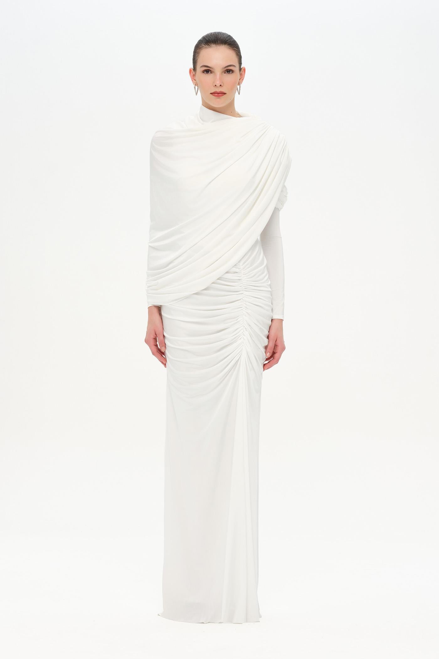Bel Detaylı Çapraz Kol Drape Tasarımlı Abiye Elbise - 26192C