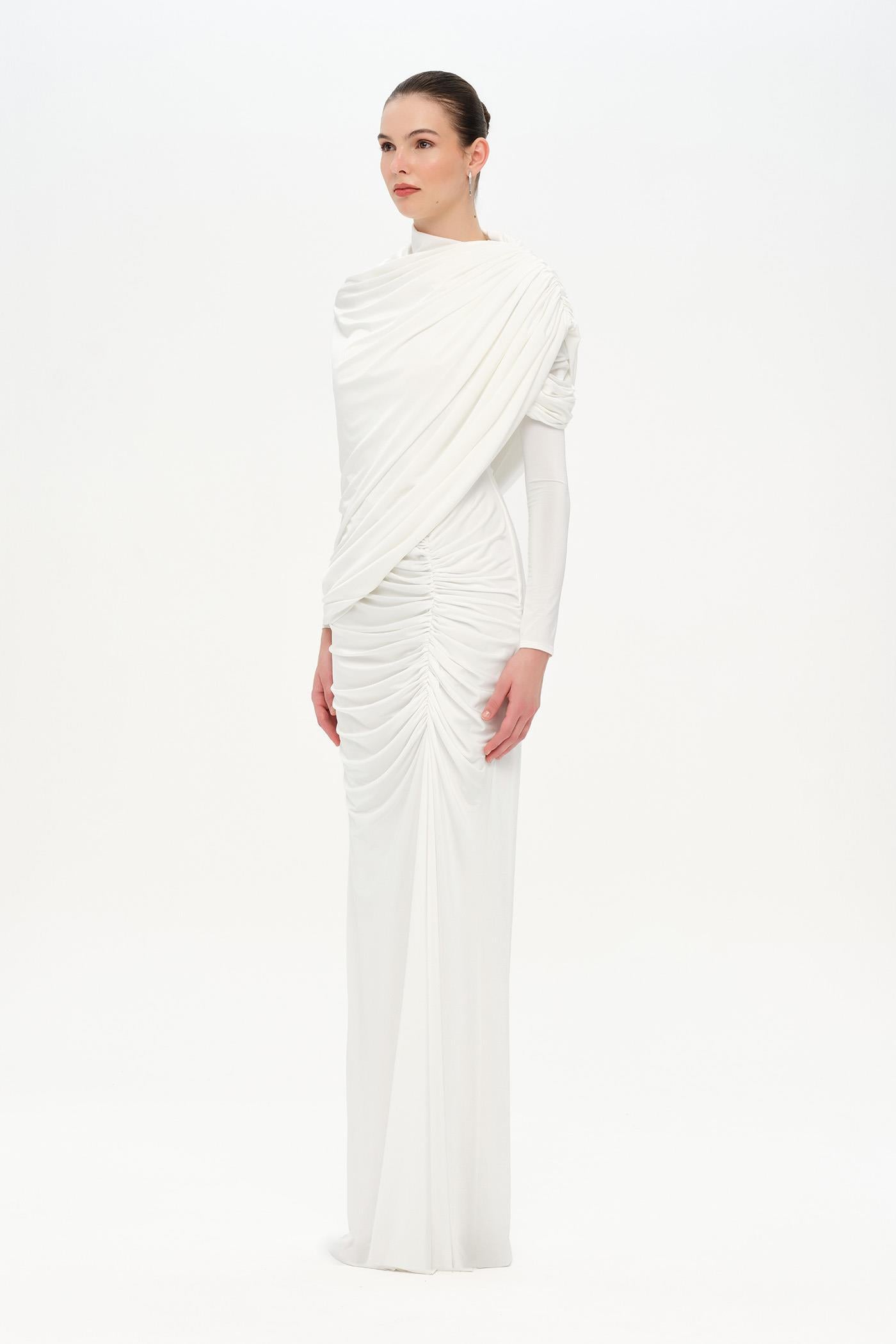 Bel Detaylı Çapraz Kol Drape Tasarımlı Abiye Elbise - 26192C
