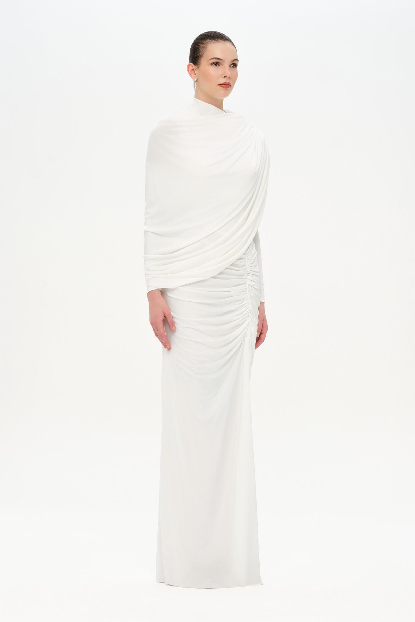 Bel Detaylı Çapraz Kol Drape Tasarımlı Abiye Elbise - 26192C