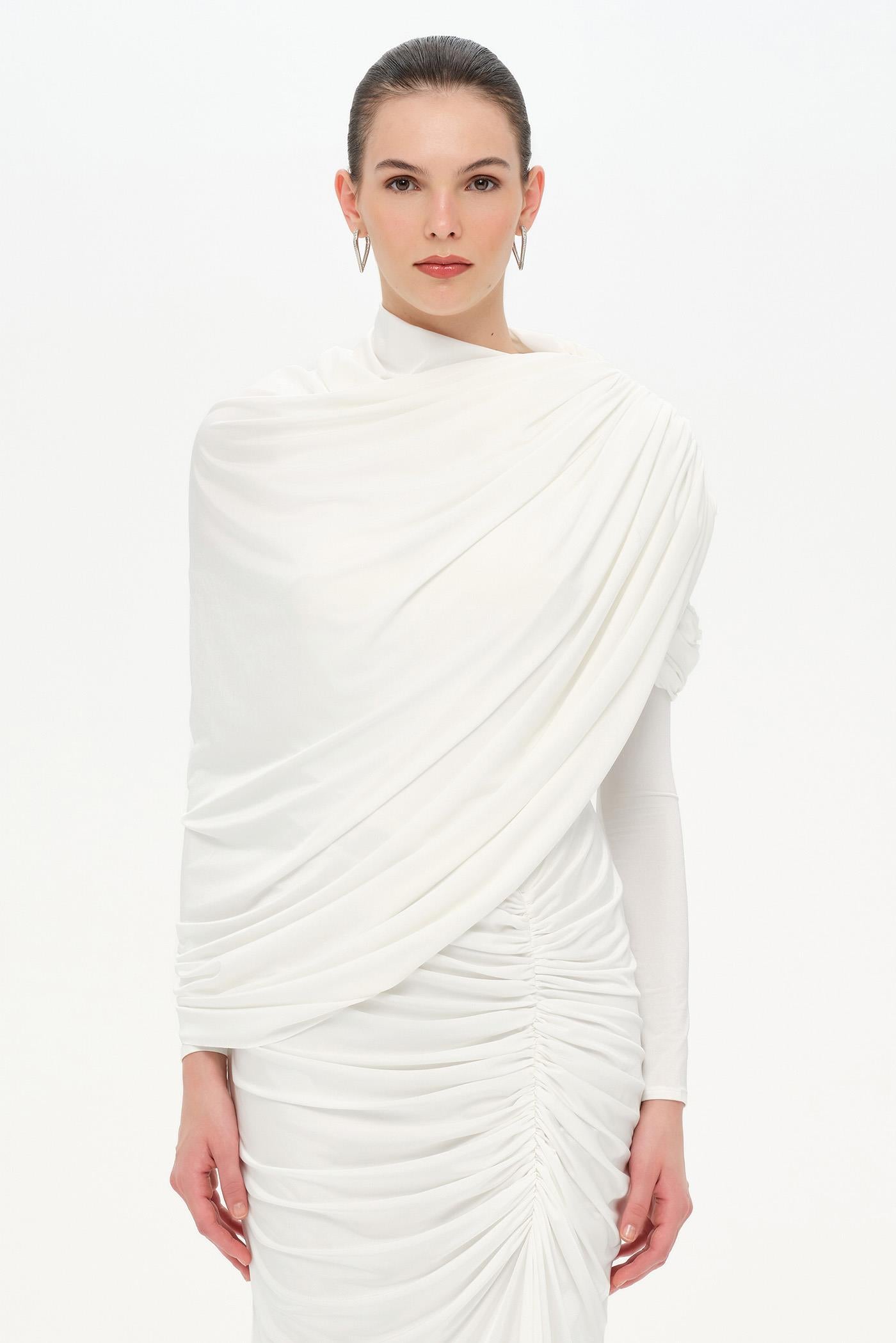 Bel Detaylı Çapraz Kol Drape Tasarımlı Abiye Elbise - 26192C