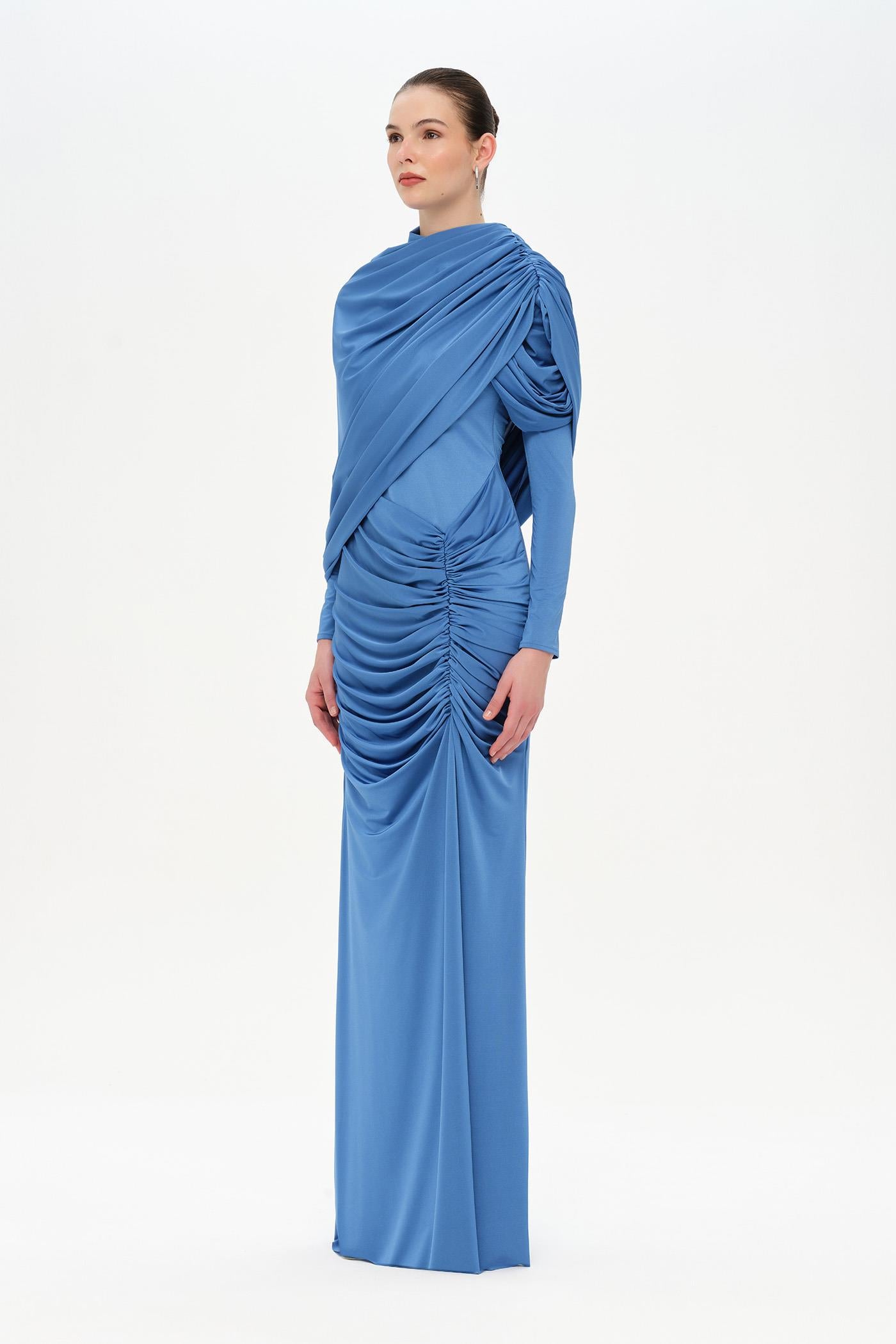 Bel Detaylı Çapraz Kol Drape Tasarımlı Abiye Elbise - 26192C