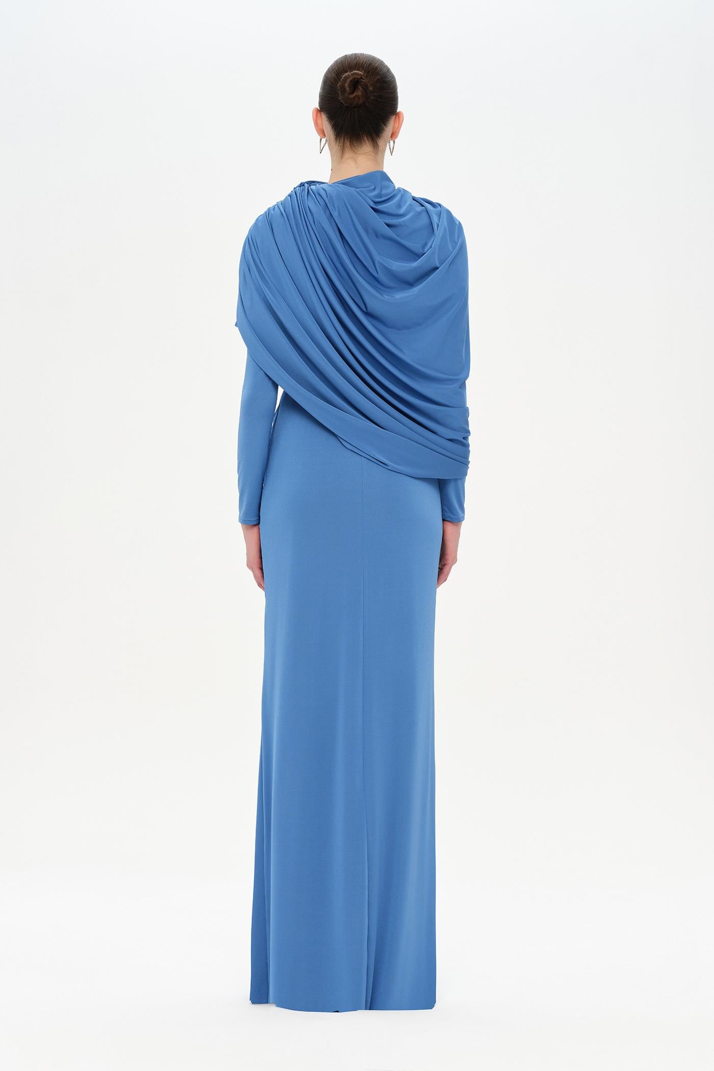 Bel Detaylı Çapraz Kol Drape Tasarımlı Abiye Elbise - 26192C