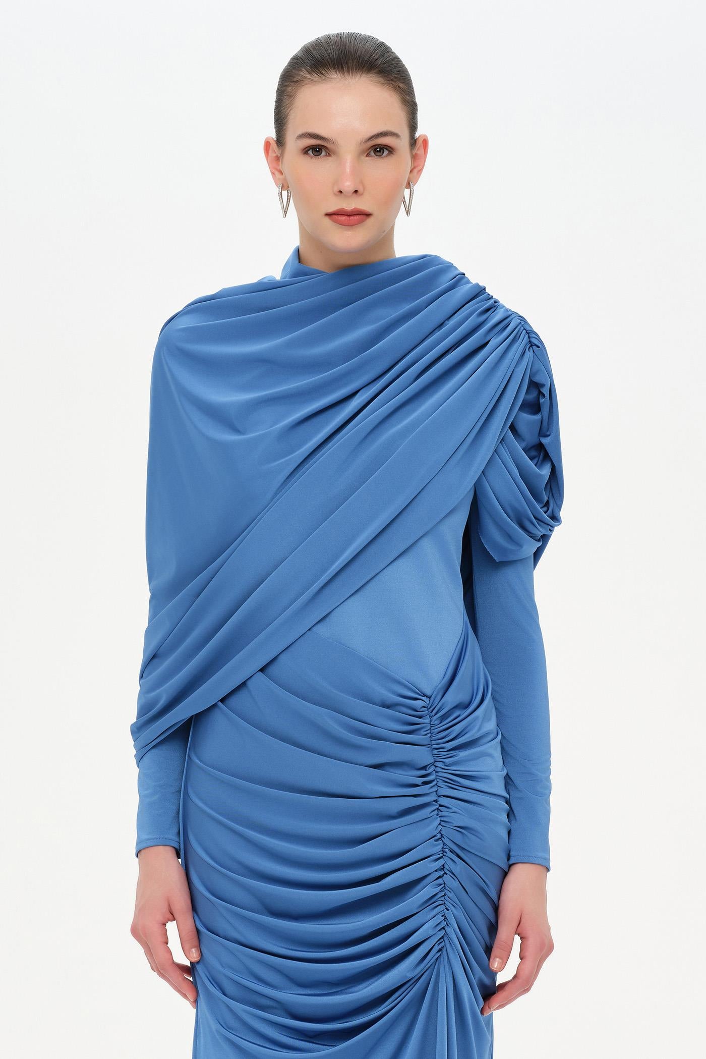 Bel Detaylı Çapraz Kol Drape Tasarımlı Abiye Elbise - 26192C
