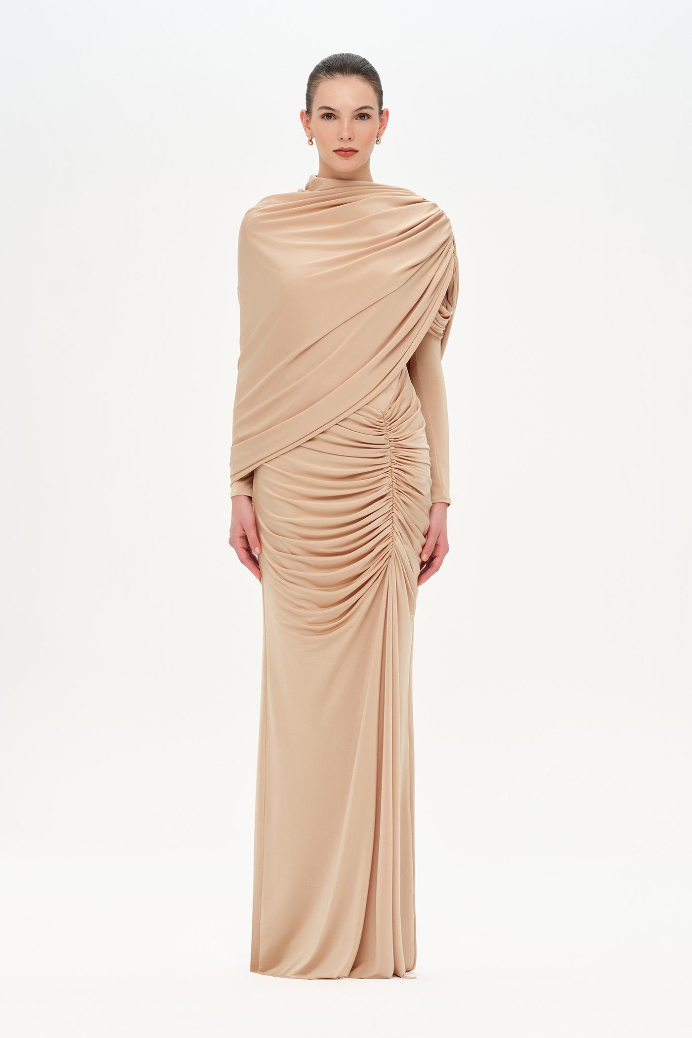 Bel Detaylı Çapraz Kol Drape Tasarımlı Abiye Elbise - 26192C