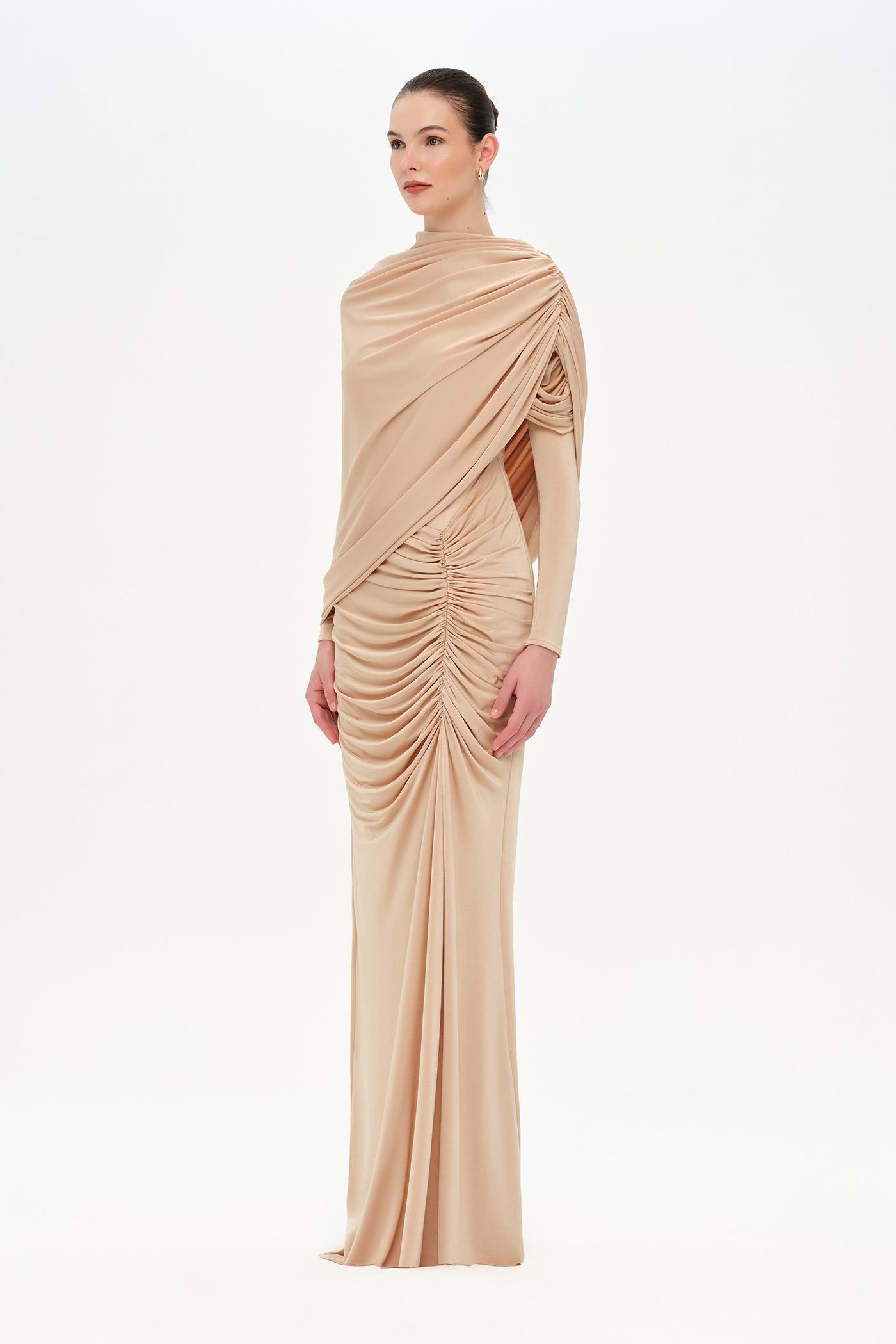 Bel Detaylı Çapraz Kol Drape Tasarımlı Abiye Elbise - 26192C