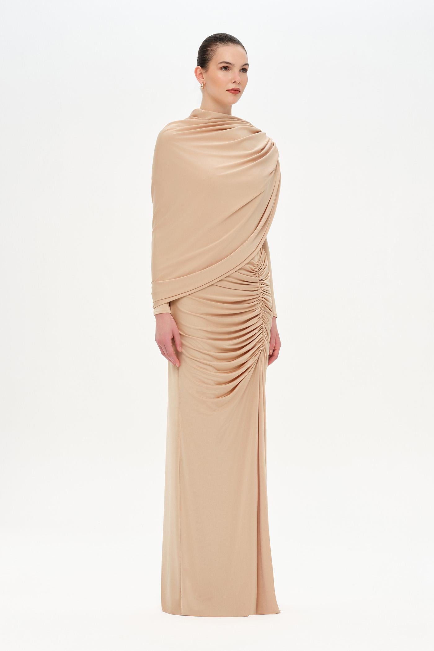 Bel Detaylı Çapraz Kol Drape Tasarımlı Abiye Elbise - 26192C