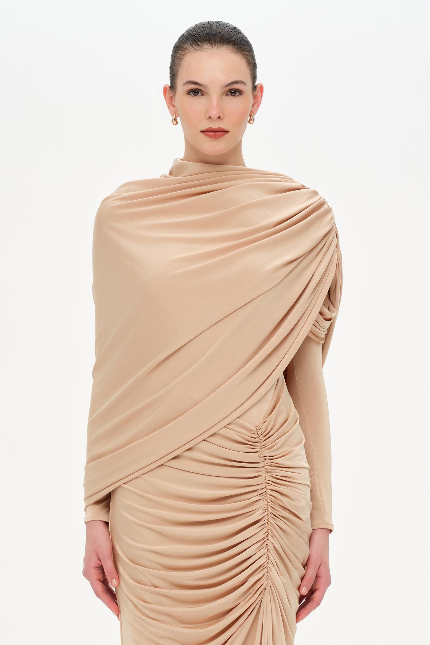 Bel Detaylı Çapraz Kol Drape Tasarımlı Abiye Elbise - 26192C