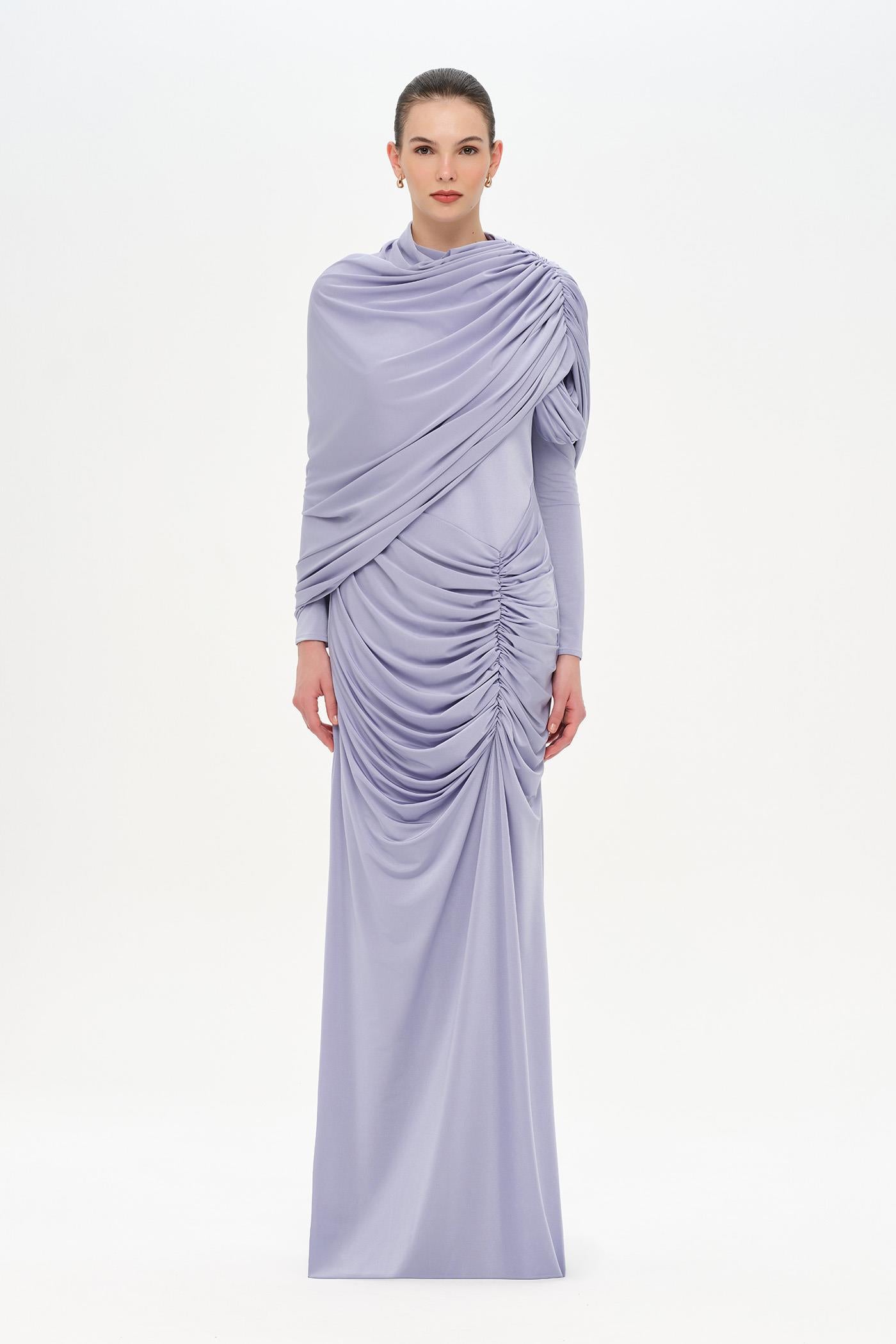 Bel Detaylı Çapraz Kol Drape Tasarımlı Abiye Elbise - 26192C