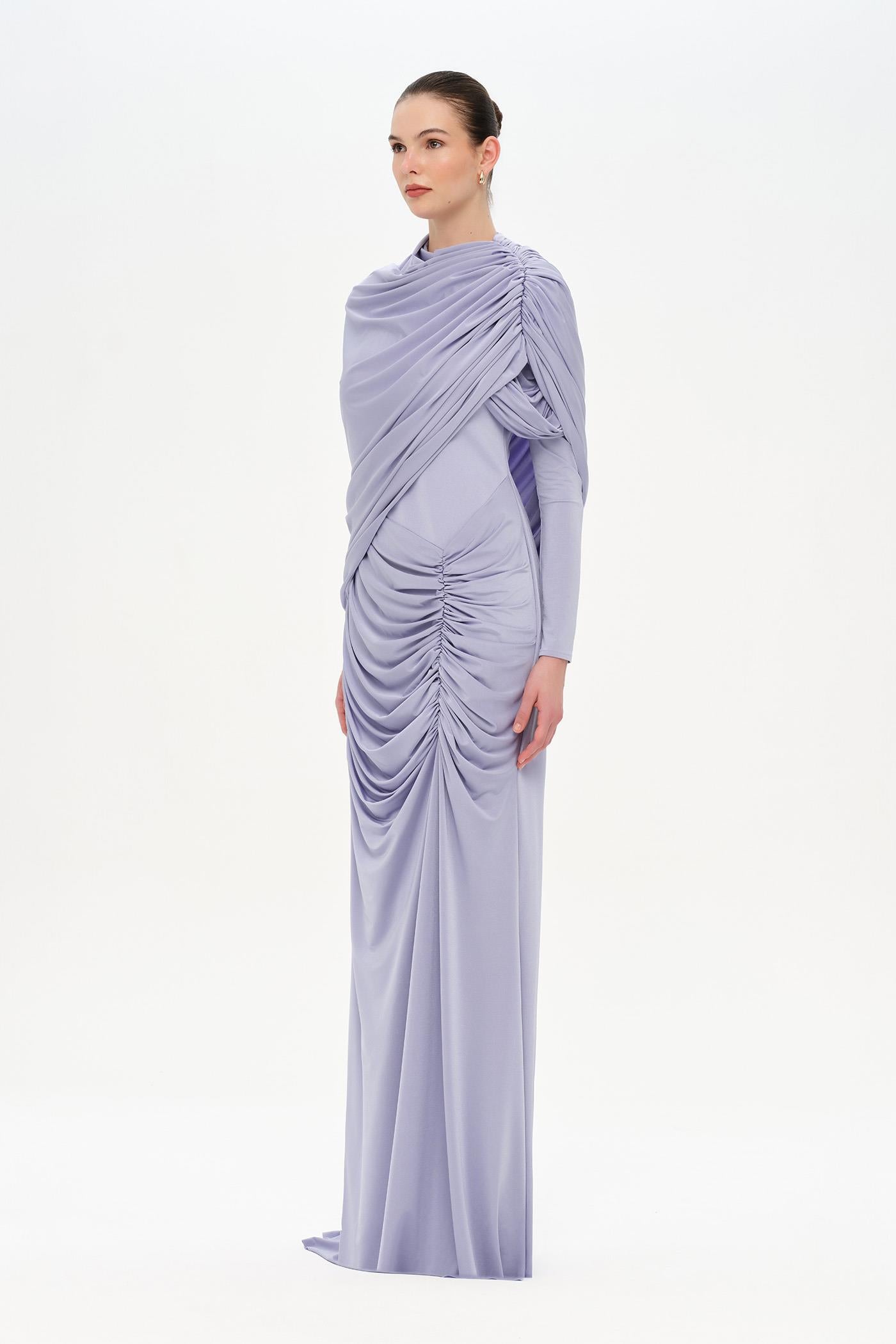 Bel Detaylı Çapraz Kol Drape Tasarımlı Abiye Elbise - 26192C