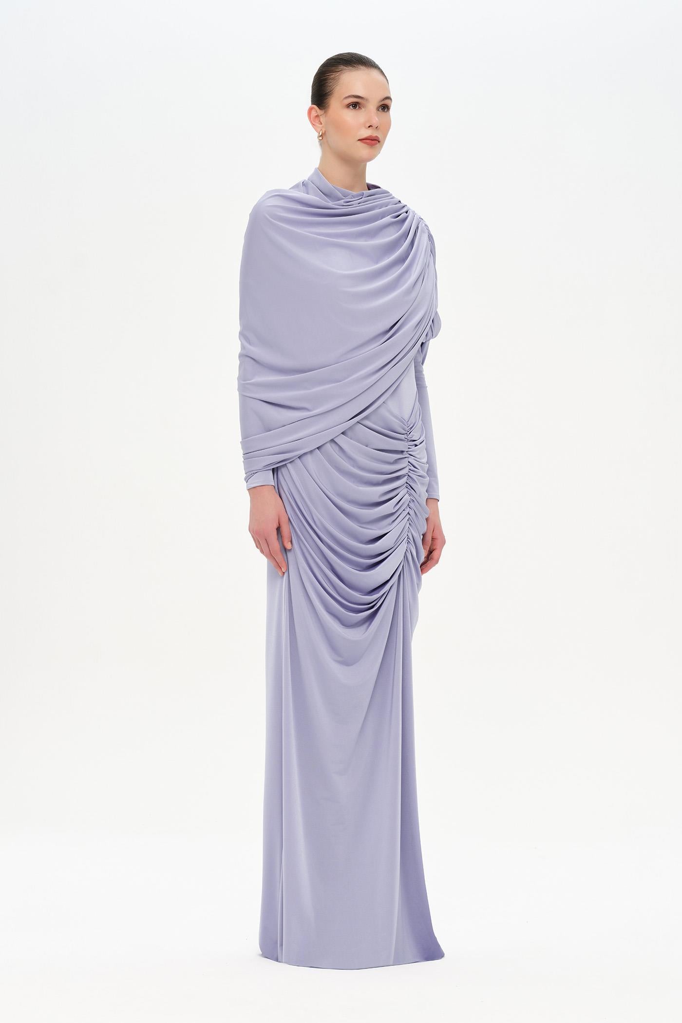 Bel Detaylı Çapraz Kol Drape Tasarımlı Abiye Elbise - 26192C