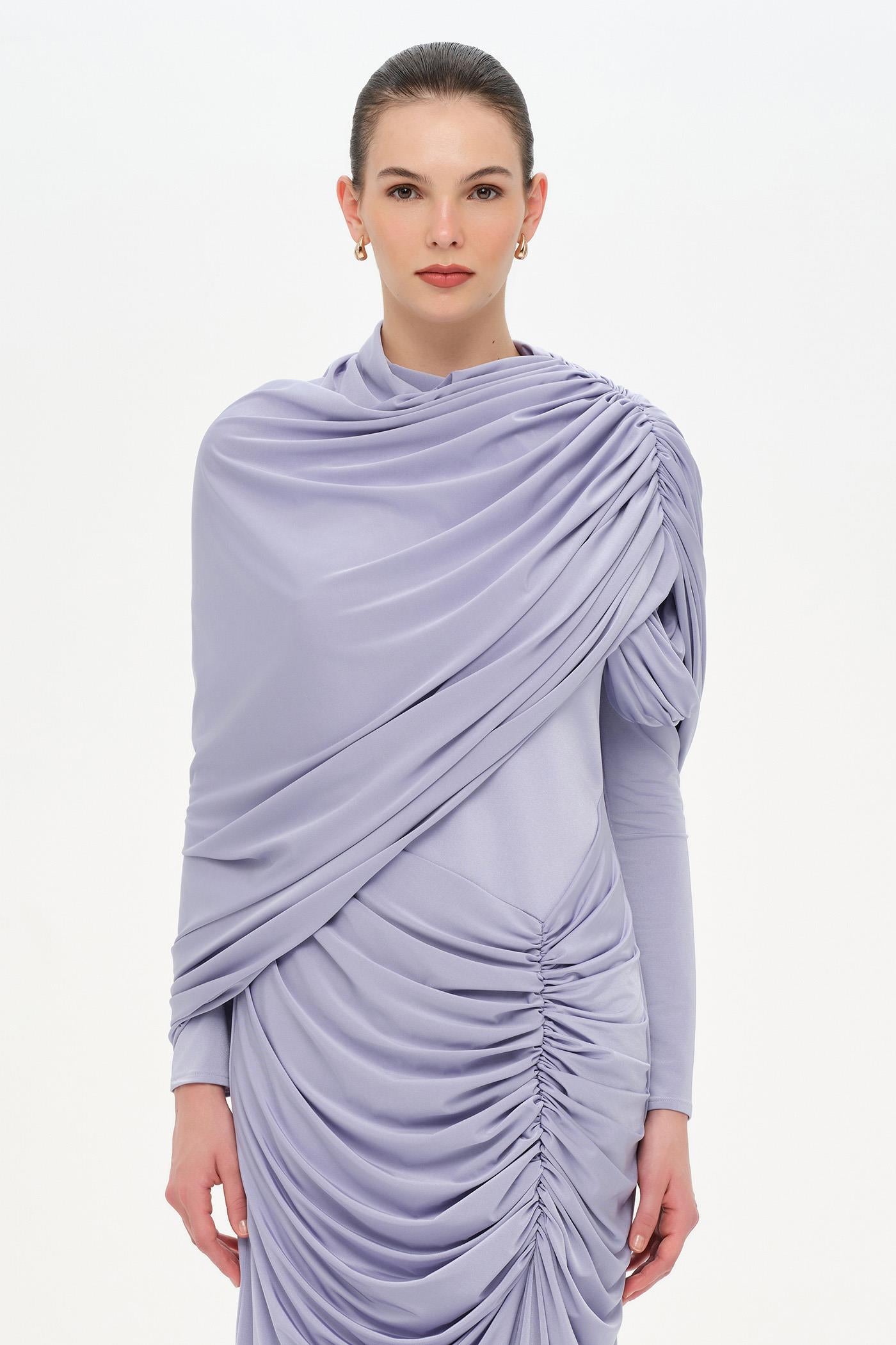 Bel Detaylı Çapraz Kol Drape Tasarımlı Abiye Elbise - 26192C