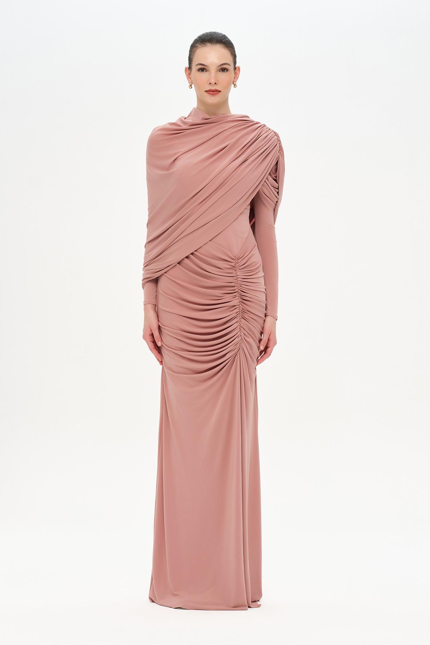 Bel Detaylı Çapraz Kol Drape Tasarımlı Abiye Elbise - 26192C