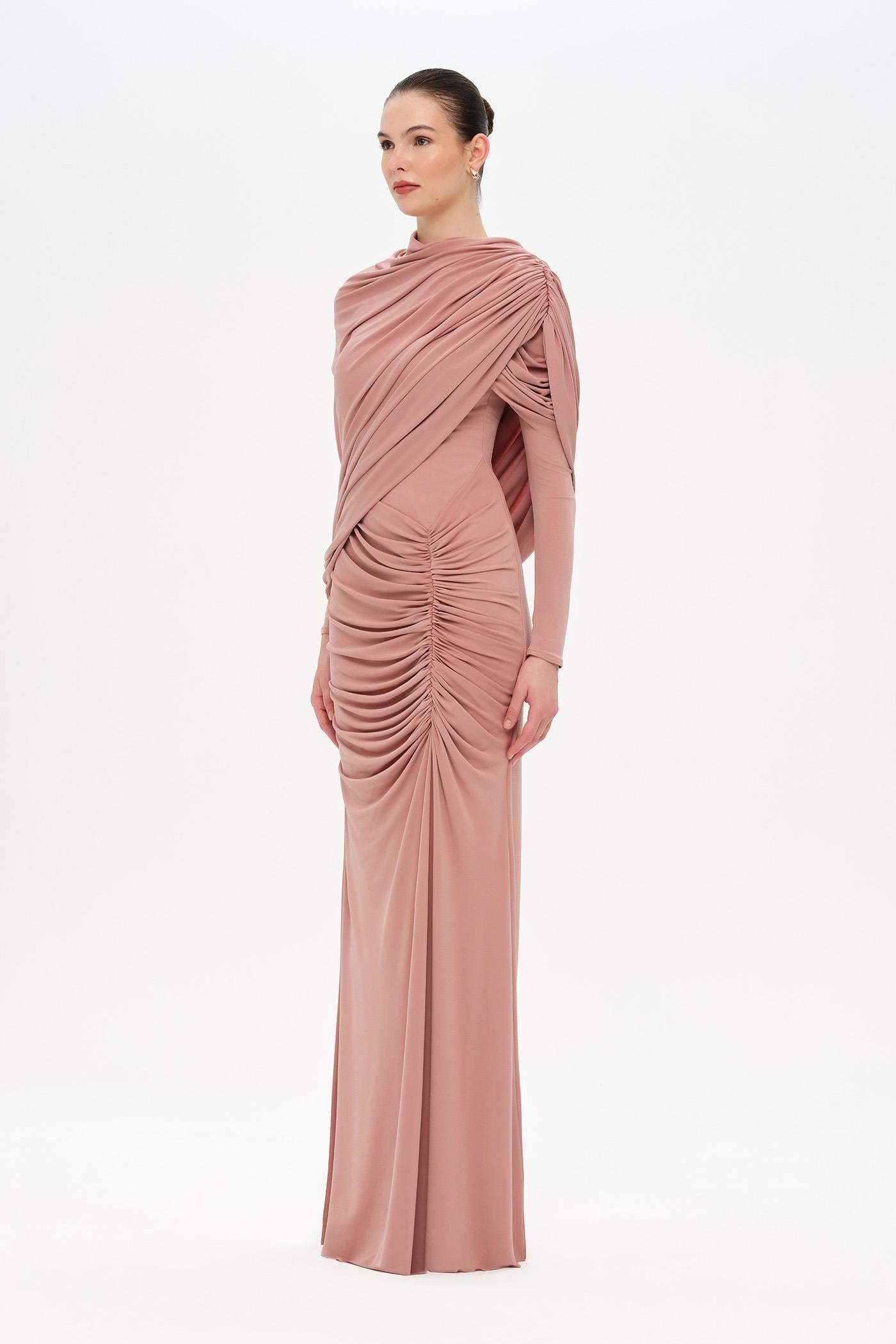Bel Detaylı Çapraz Kol Drape Tasarımlı Abiye Elbise - 26192C