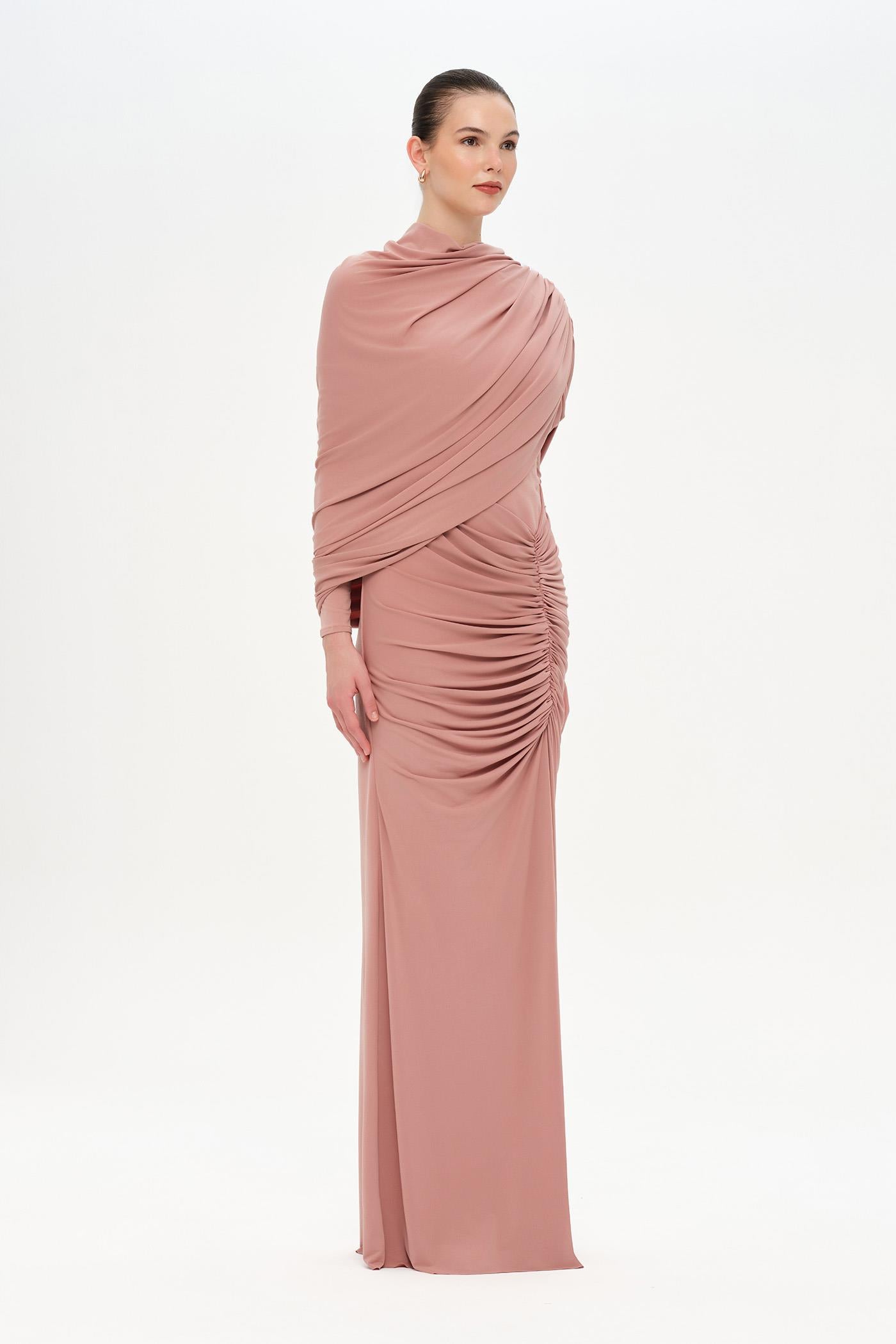 Bel Detaylı Çapraz Kol Drape Tasarımlı Abiye Elbise - 26192C