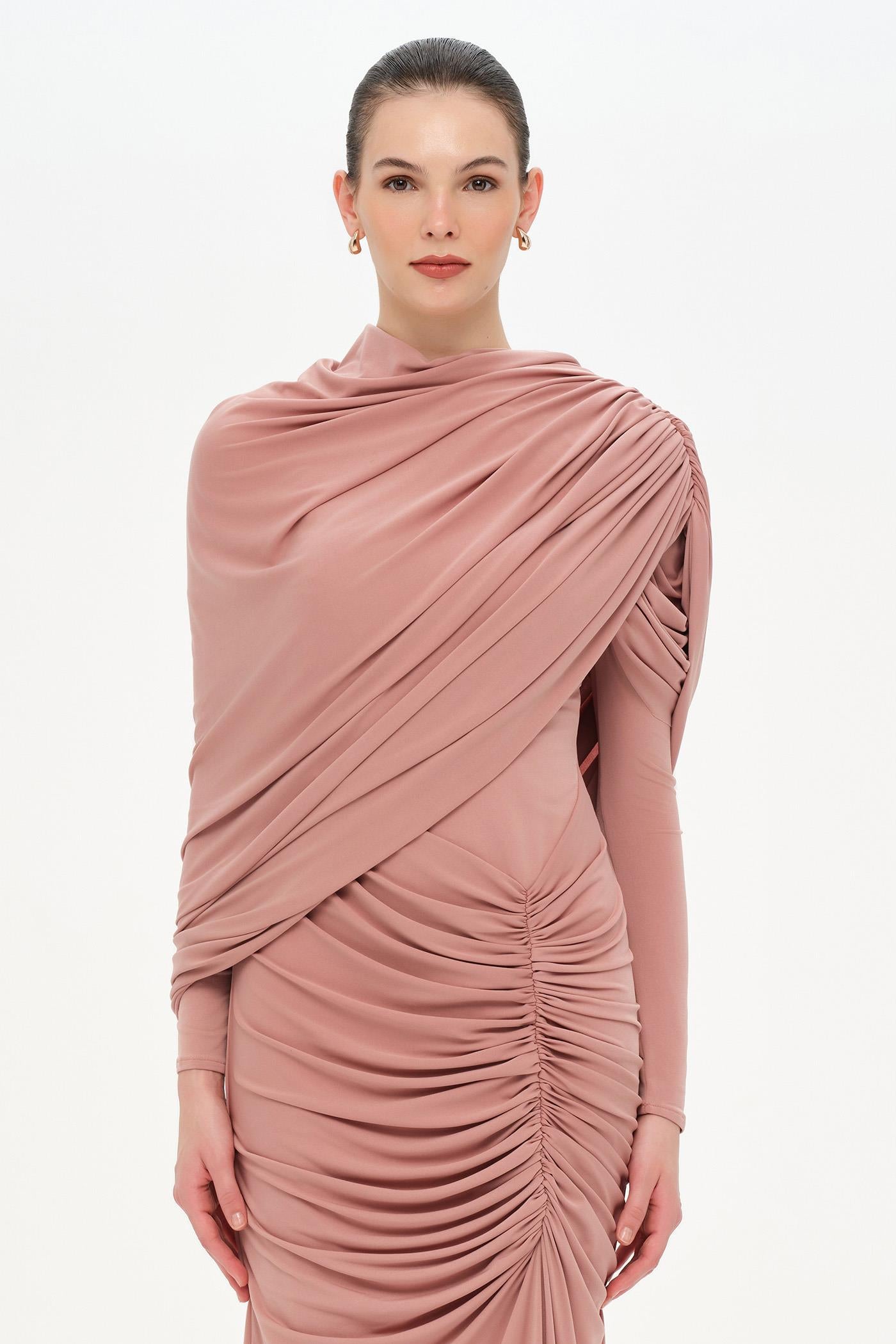 Bel Detaylı Çapraz Kol Drape Tasarımlı Abiye Elbise - 26192C