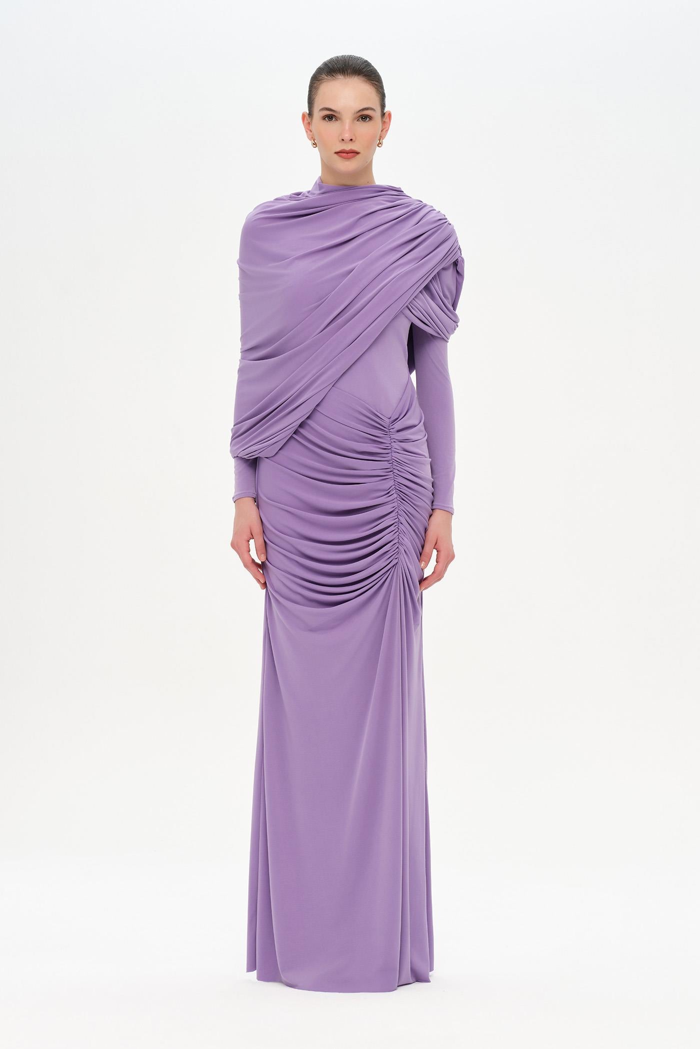 Bel Detaylı Çapraz Kol Drape Tasarımlı Abiye Elbise - 26192C