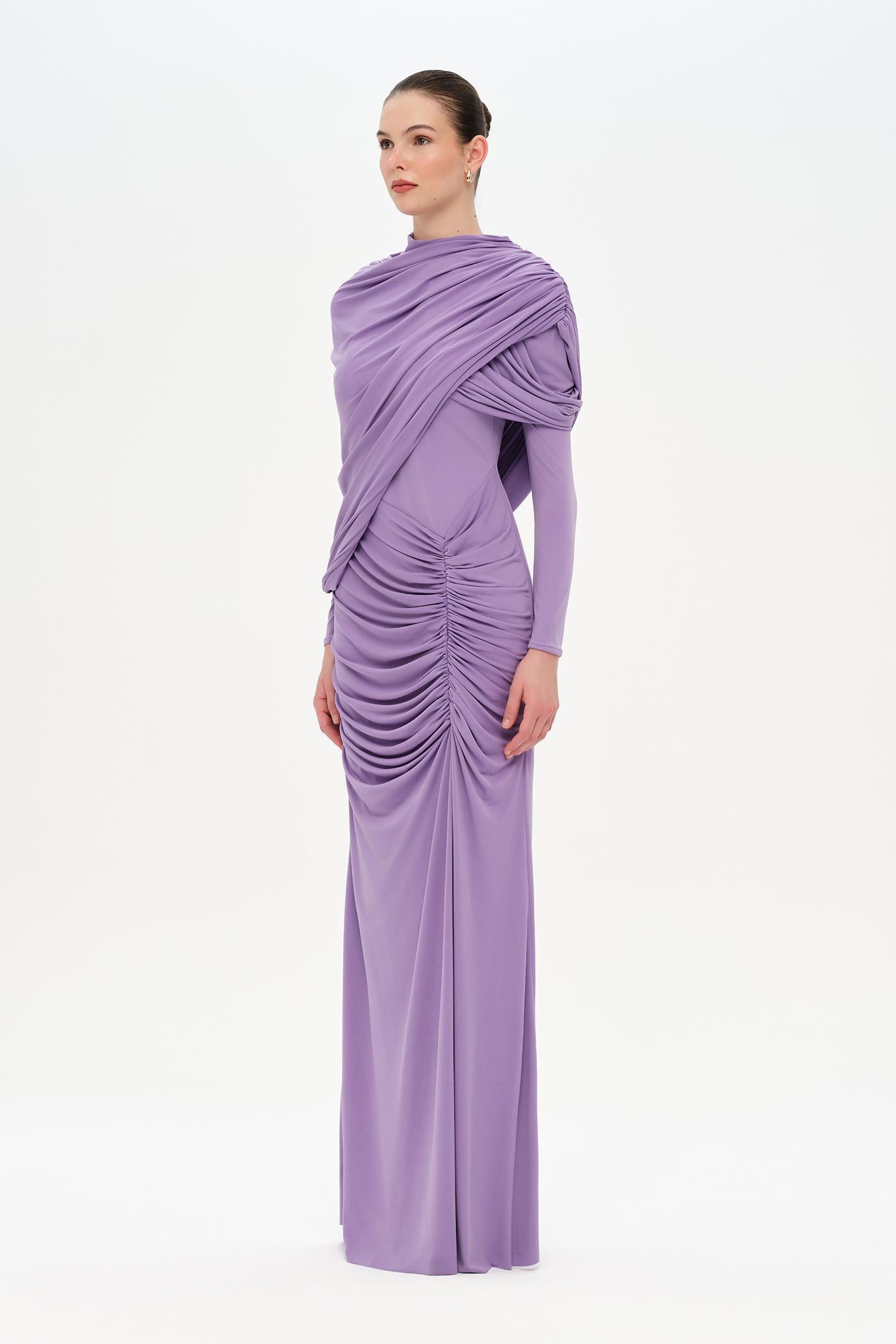 Bel Detaylı Çapraz Kol Drape Tasarımlı Abiye Elbise - 26192C