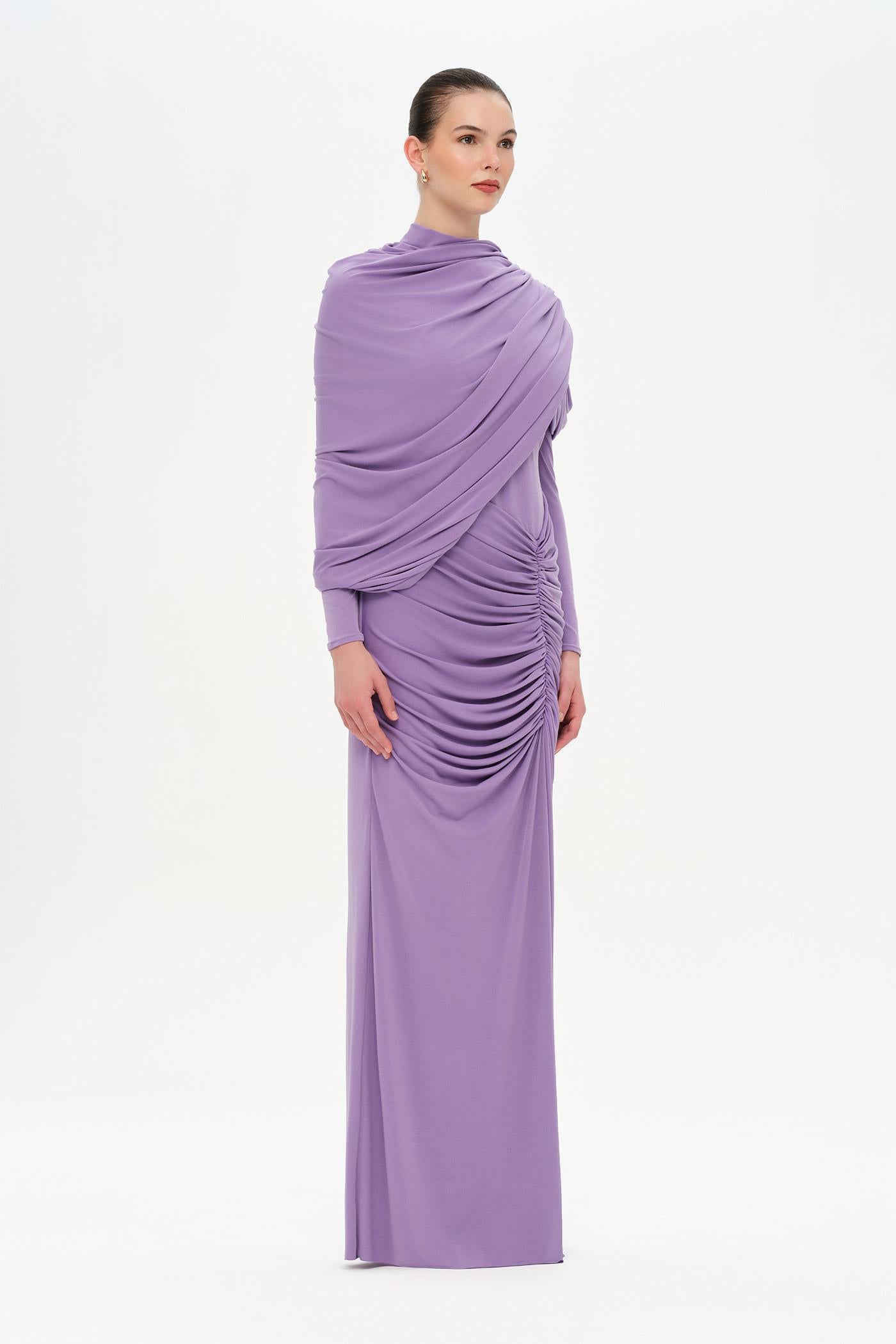 Bel Detaylı Çapraz Kol Drape Tasarımlı Abiye Elbise - 26192C