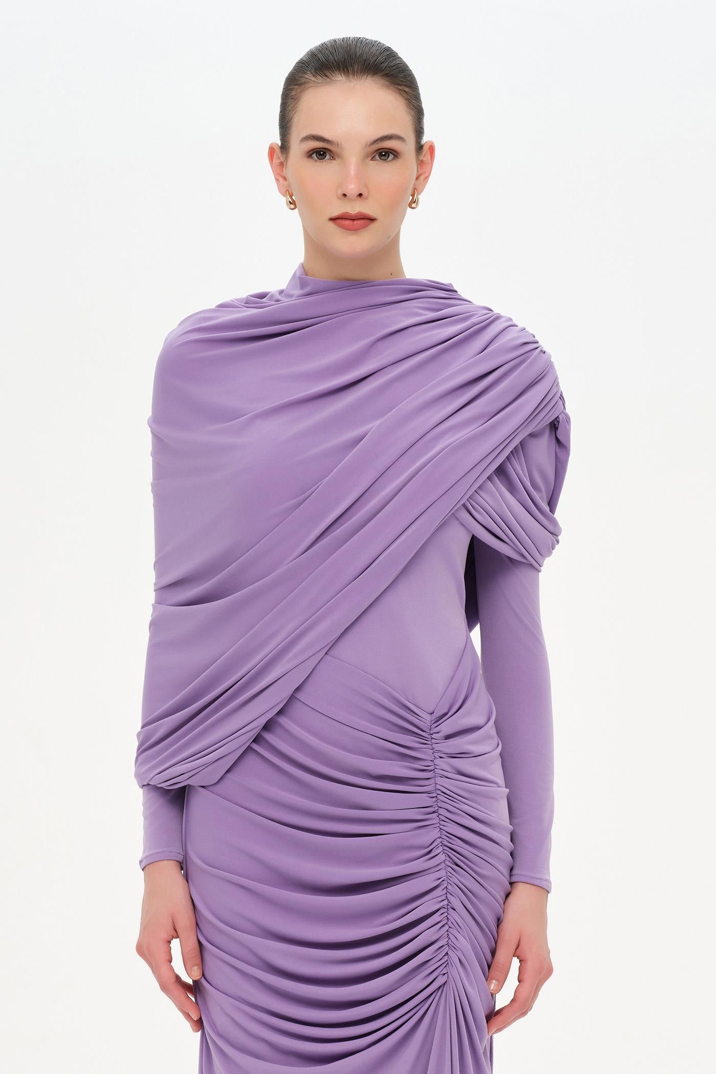 Bel Detaylı Çapraz Kol Drape Tasarımlı Abiye Elbise - 26192C
