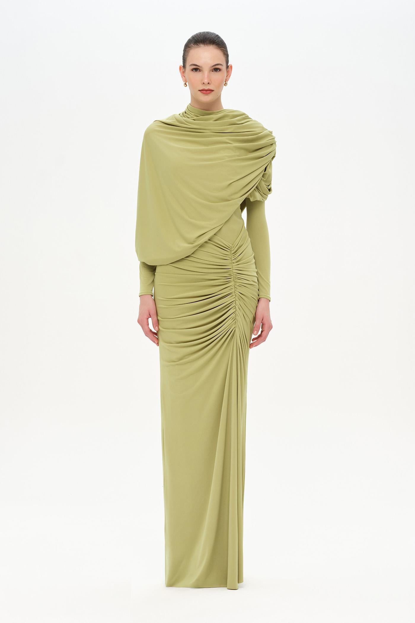 Bel Detaylı Çapraz Kol Drape Tasarımlı Abiye Elbise - 26192C