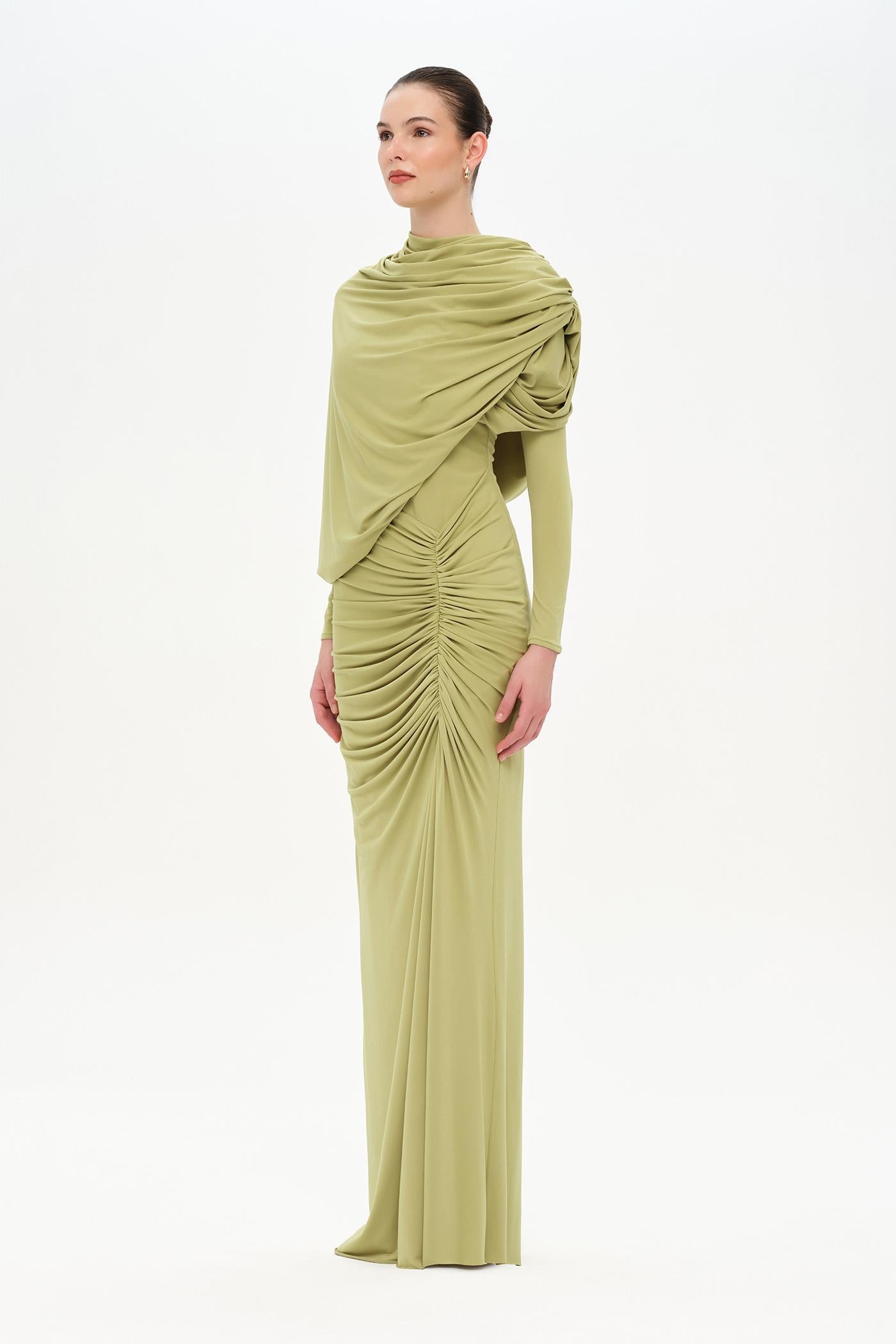 Bel Detaylı Çapraz Kol Drape Tasarımlı Abiye Elbise - 26192C