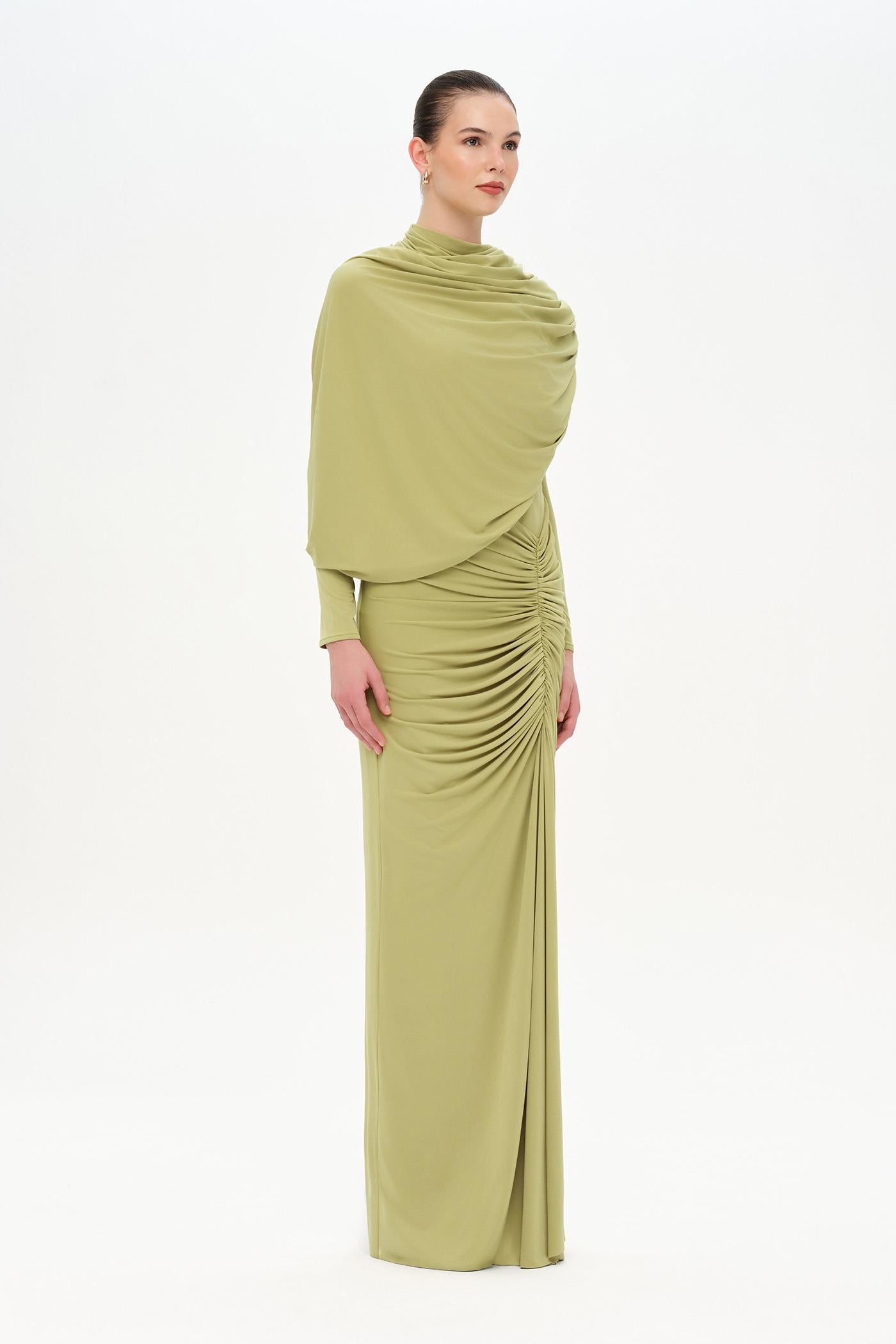 Bel Detaylı Çapraz Kol Drape Tasarımlı Abiye Elbise - 26192C