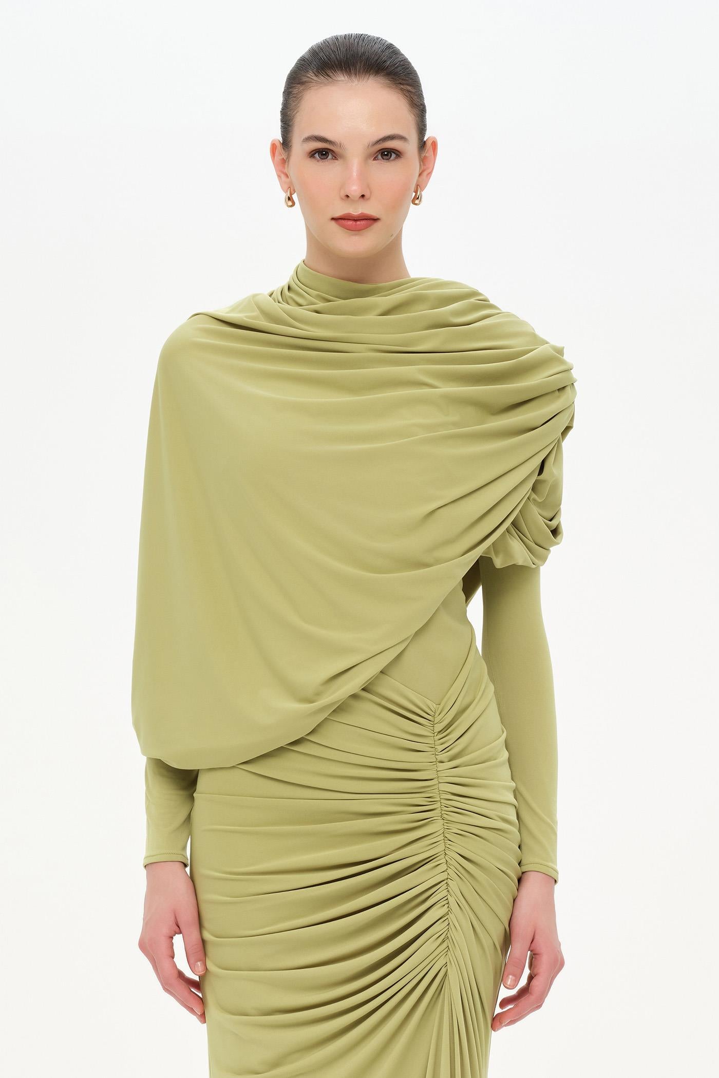Bel Detaylı Çapraz Kol Drape Tasarımlı Abiye Elbise - 26192C